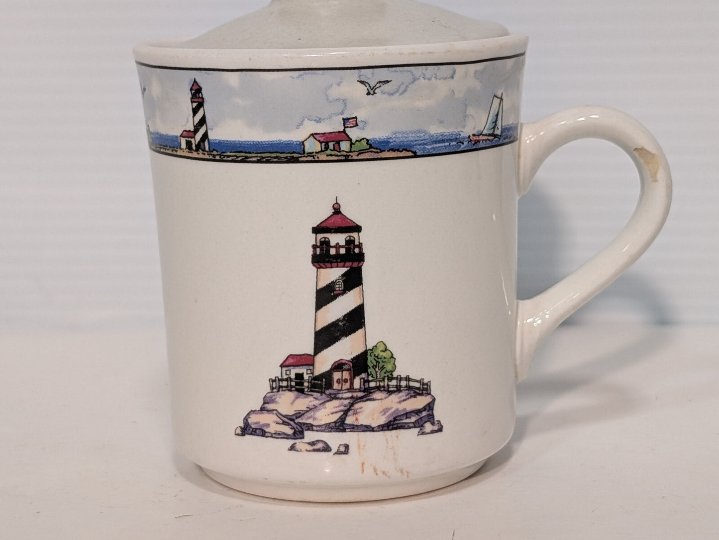 Vintage Lighthouse Maritime Sailboats Ceramic Stonewear Lidded Tea Coffee Mug
