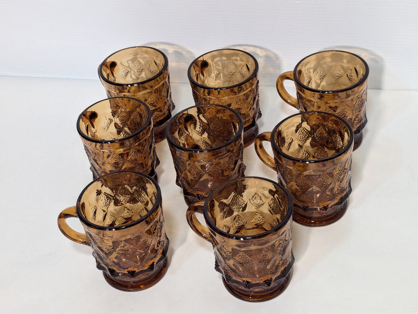 Vintage 8 Piece Anchor Hocking Amber Brown Glass Kimberly Diamond Cups Fire King