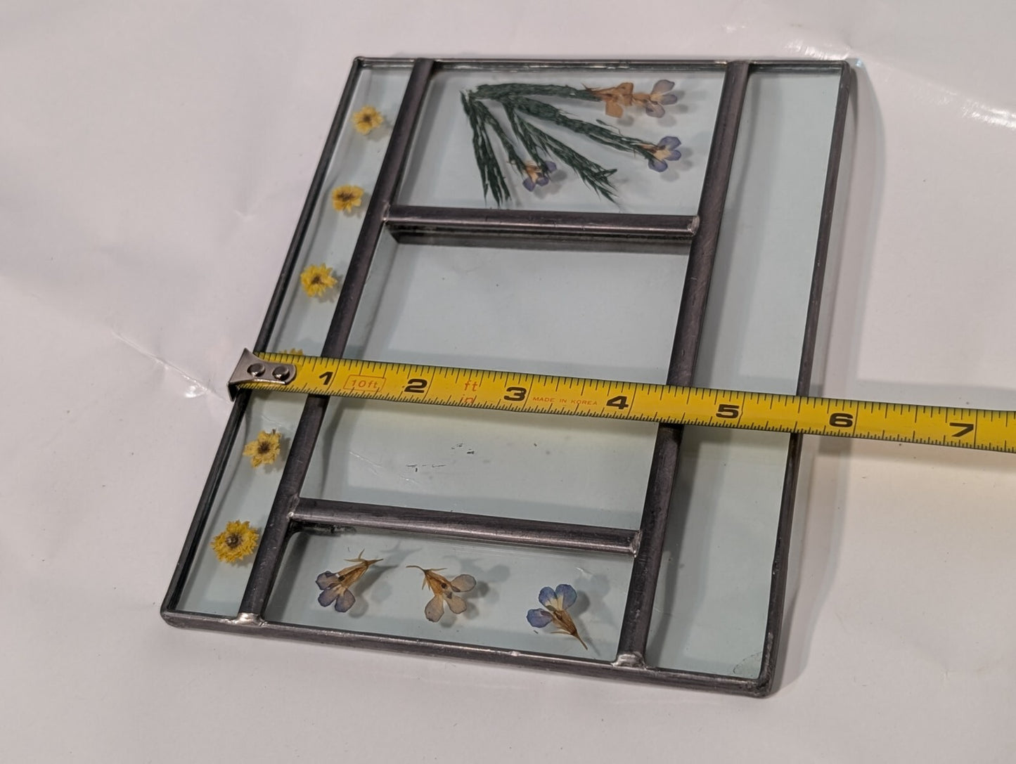Unique Leaded Glass Panel with Flowers, Rectangular 7" Wide x 5.5" Tall
