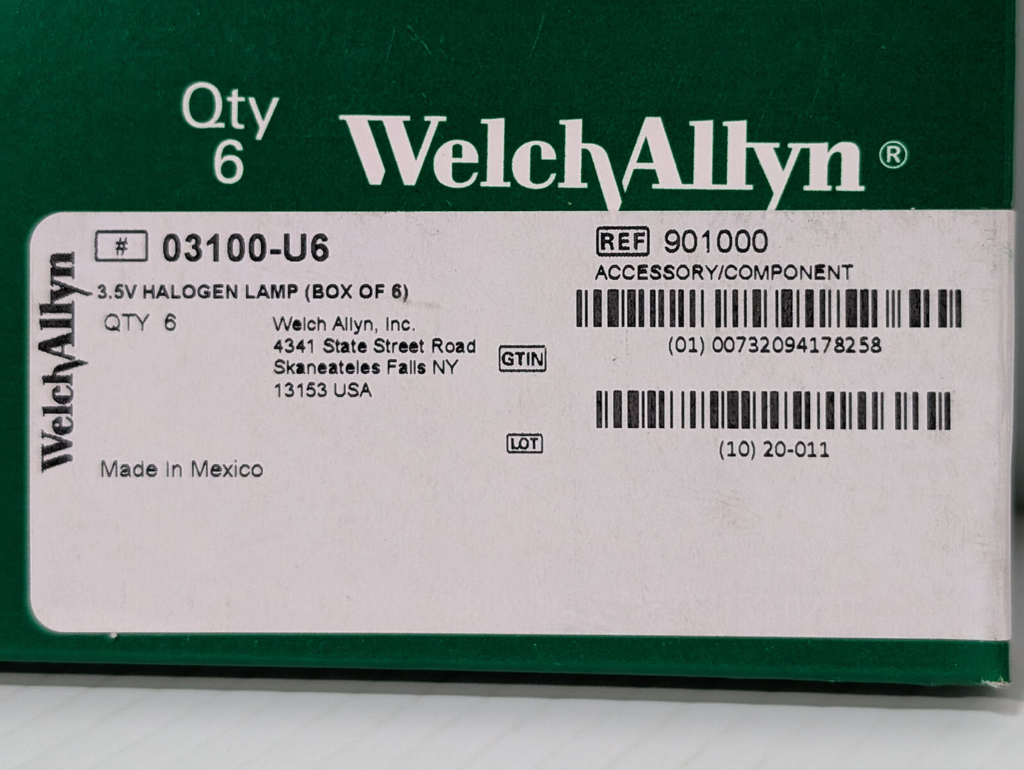 Welch Allyn 03100-U6, 3.5V Halogen Opthalmoscope Lamps Bulbs 6-Pack, 901000