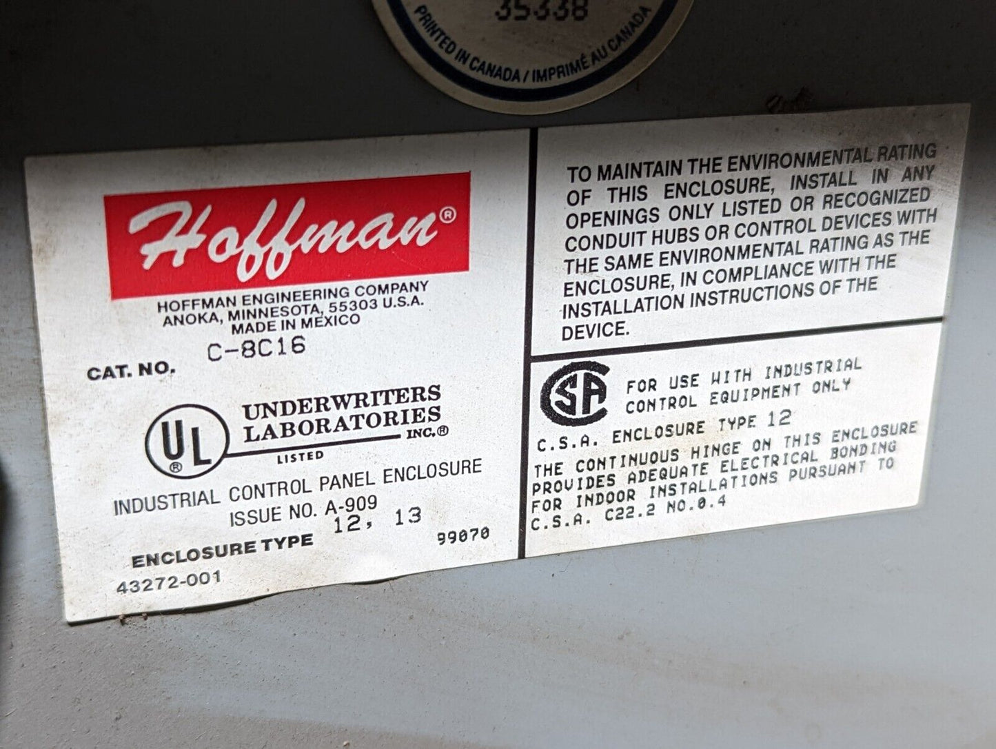 Hoffman C-8C16 industrial control panel enclosure, 10 pushbutton holes