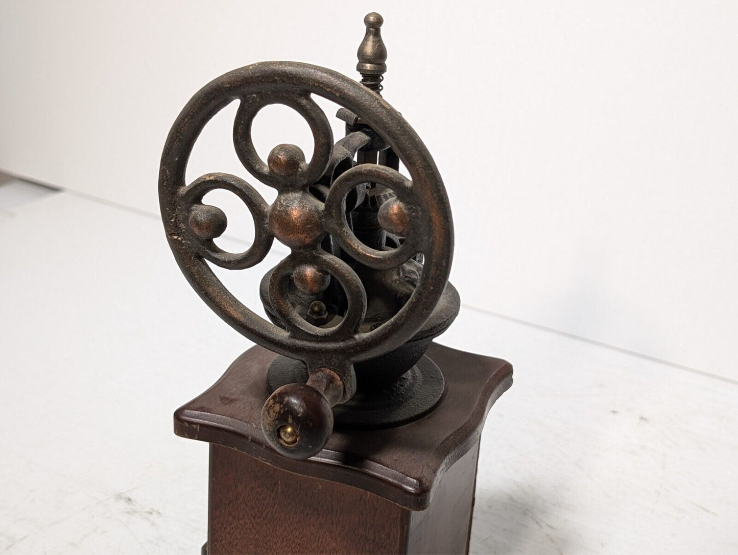 Vintage wood and cast iron manual coffee grinder as pictured with little drawer