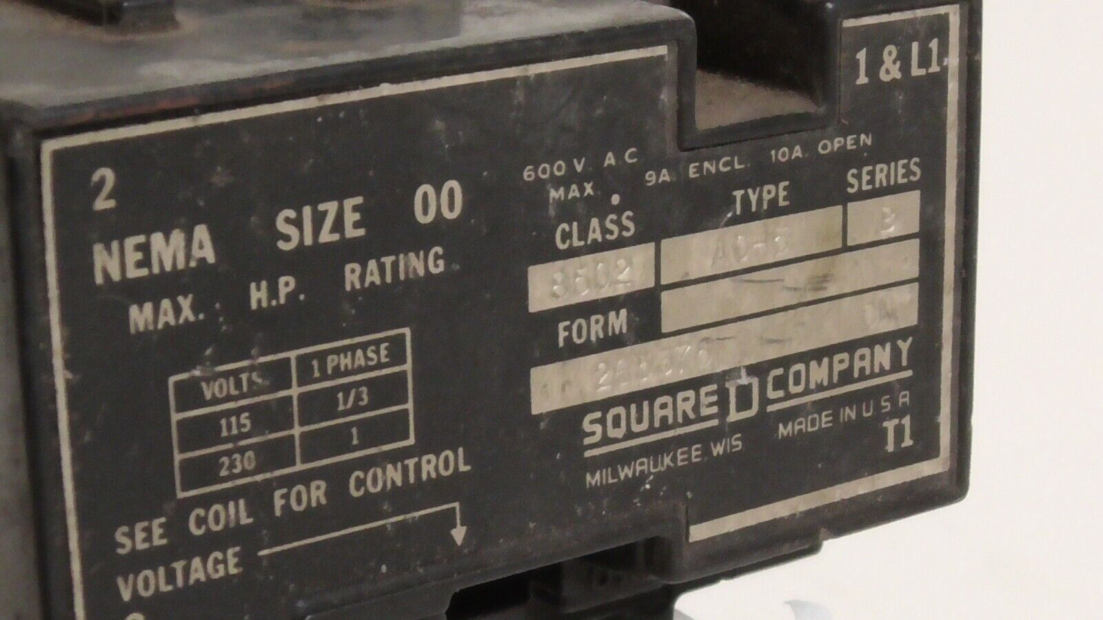 Square D 8502-A0-15 B 265375 CN Control Relay Size 00, Coil 220-240V