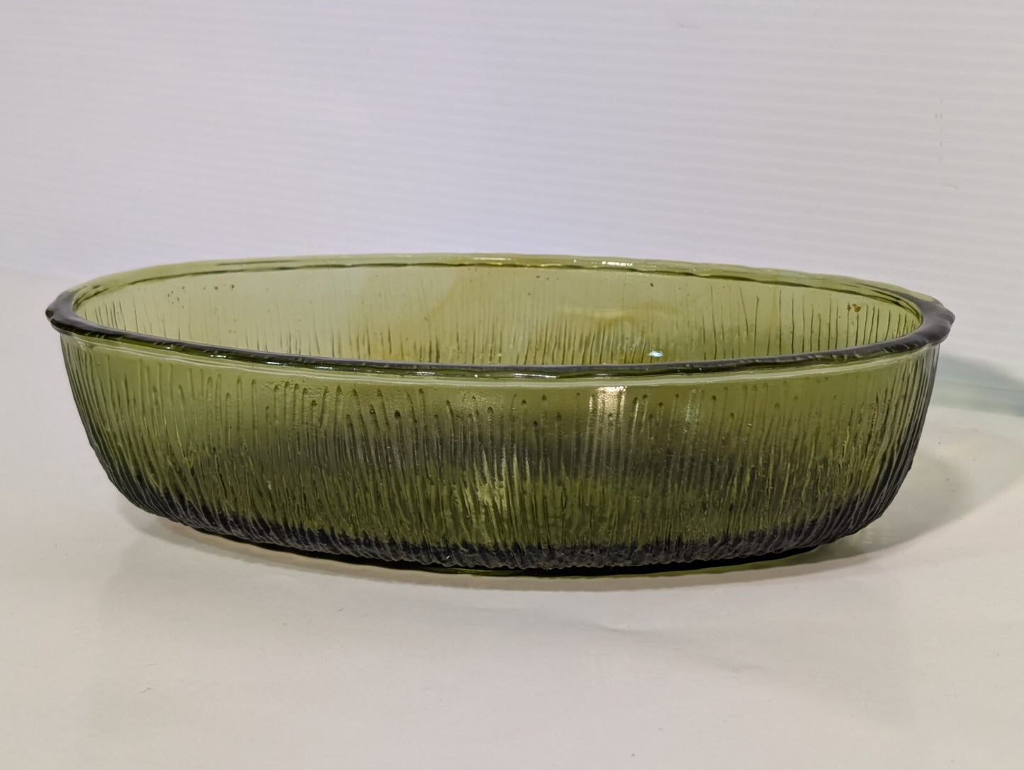 Vintage FTD 1975 Olive Green Oval Glass Dish With Bark Texture 9" Length