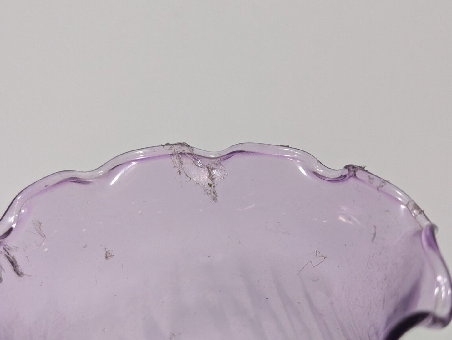 Vintage Lilac Spiral Pattern Scalloped Edge Translucent Vase, 6.5”H x 3.5"Dia.