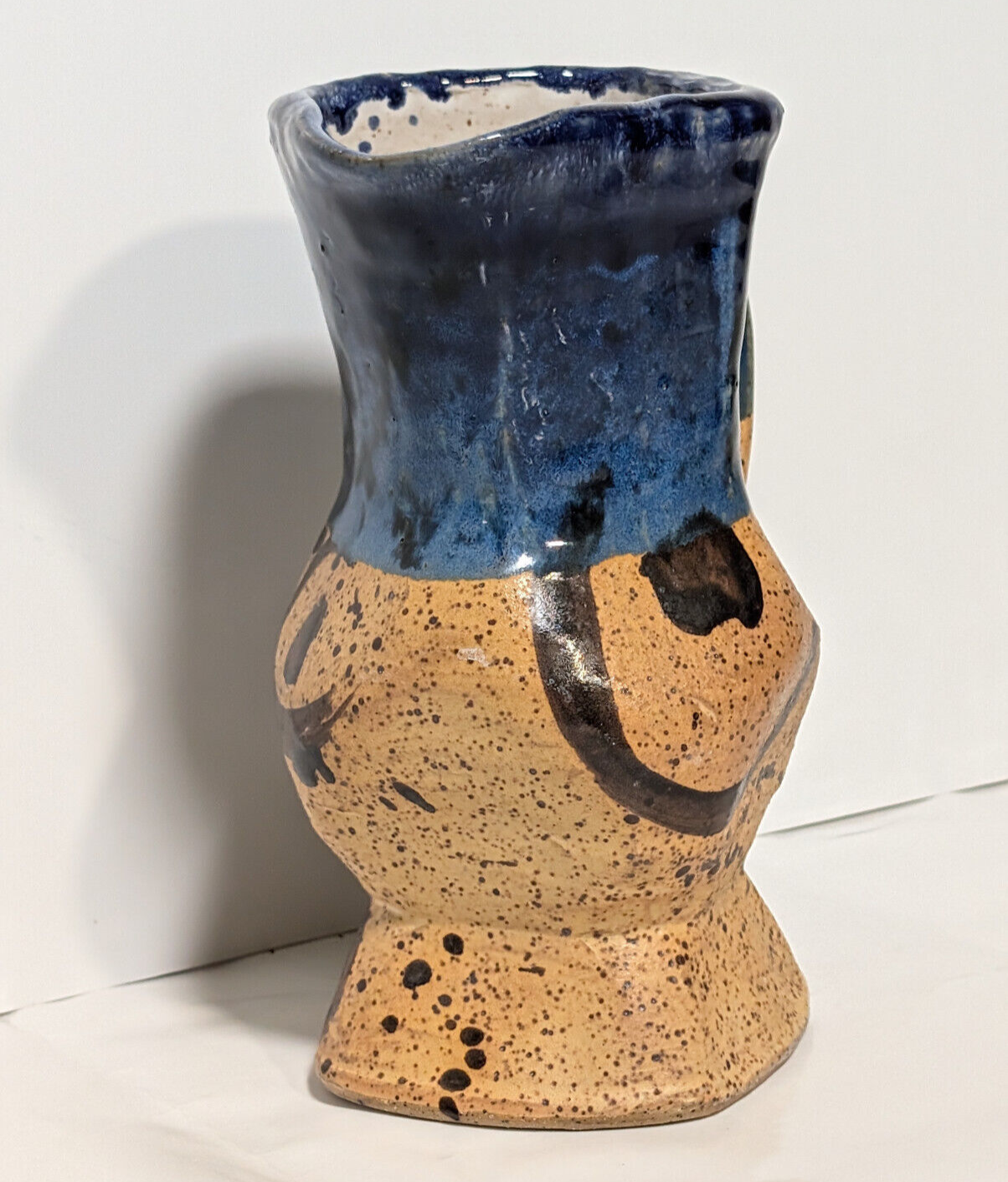 Vintage Blue Brown Glaze Artisan, Folk Art, Handmade, Pottery Mug, Vase, Planter