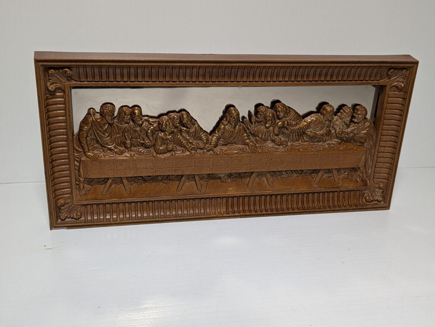 Vintage The Last Supper Mirrored Wood Carving Wall Piece 22" x 10"