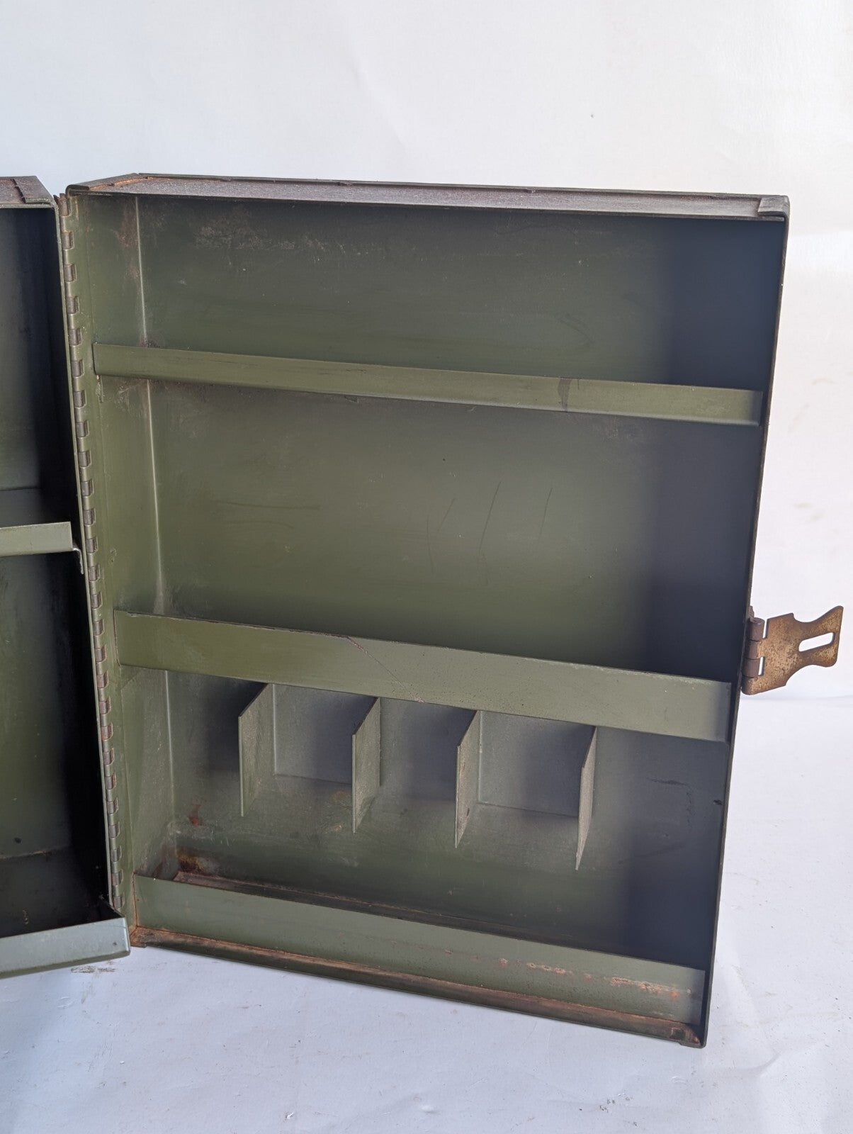 Vintage Metal Cabinet Storage Box with Flap Fold-out, Latch, Shelving