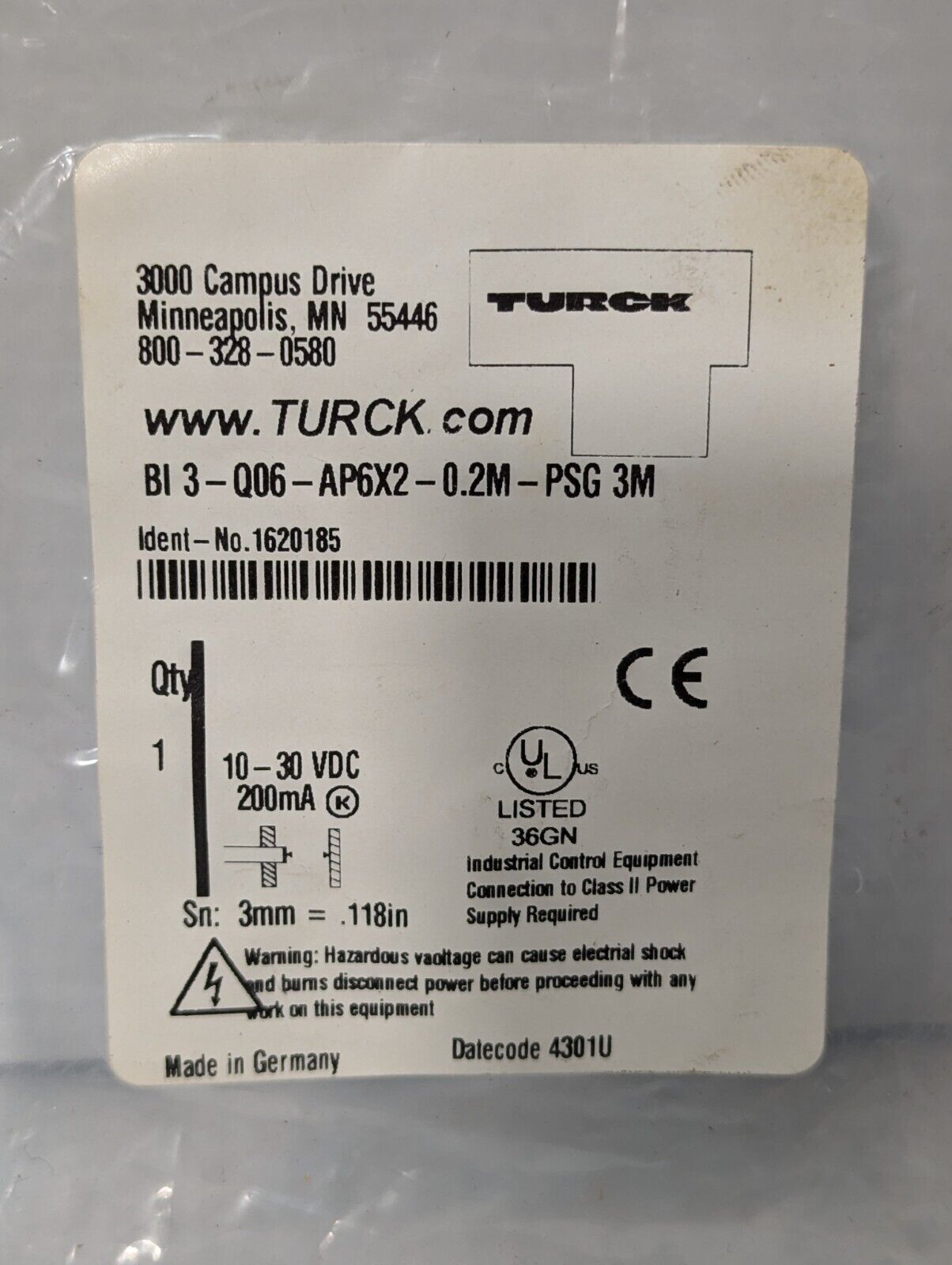 Turck BI3-Q06-AP6X2-0.2M-PSG 3M Sensor 10-30VDC - Free Shipping