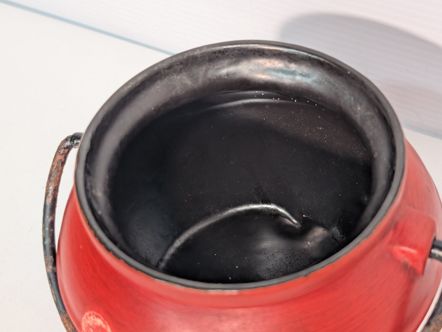 Vintage Mid Century Calif USA 702 Red Bean Pot Jar Black Metal Handle Kettle