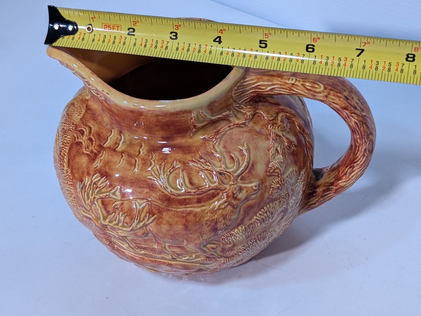 Vintage Brown Glazed Pottery Pitcher Elk, Deer, Buck, Hunters, Forest Wood Scene