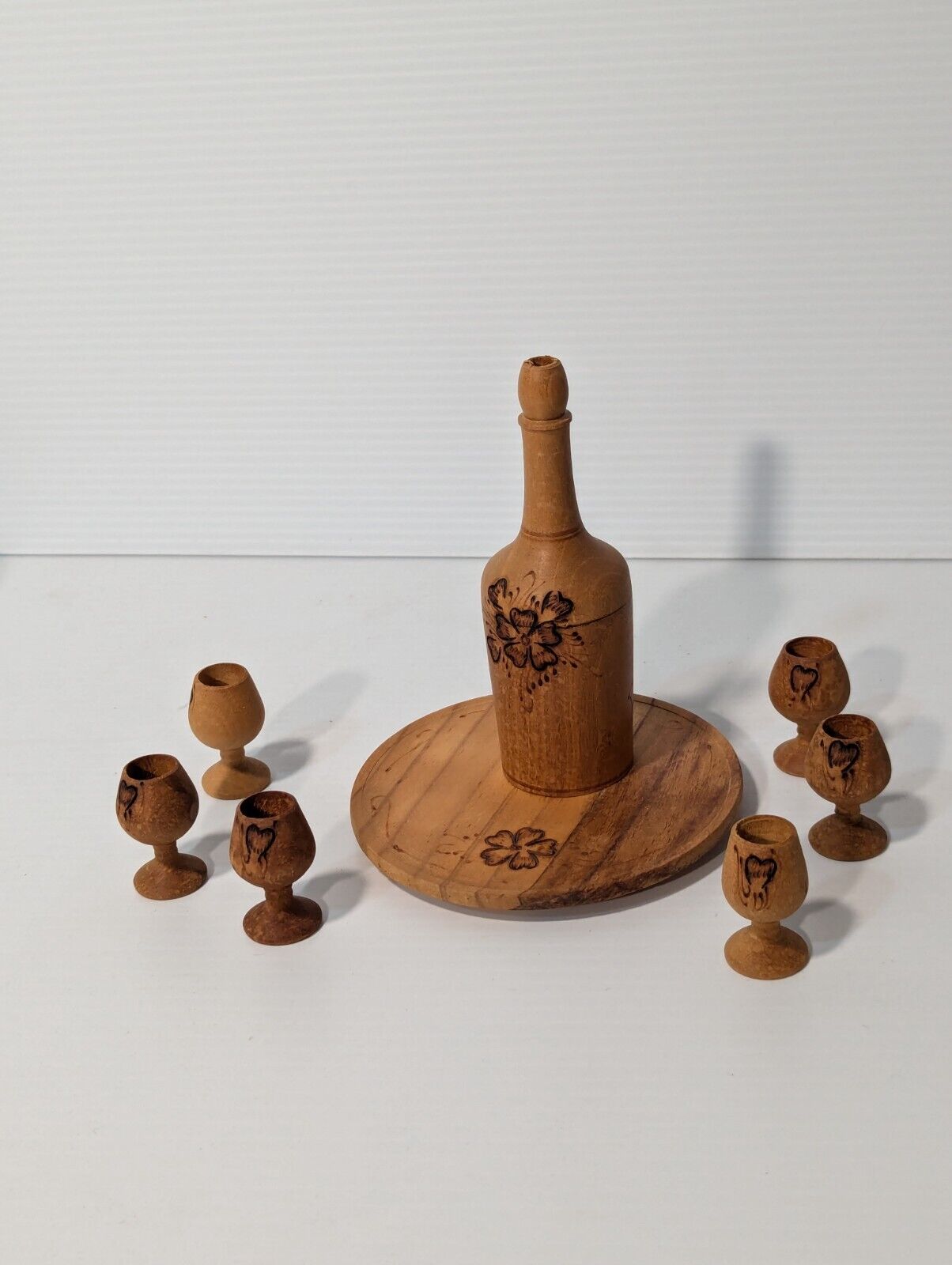 Vintage Burnt Wooden Pyrography Folk Art Decanter w\ Small Platter and 6 Goblets