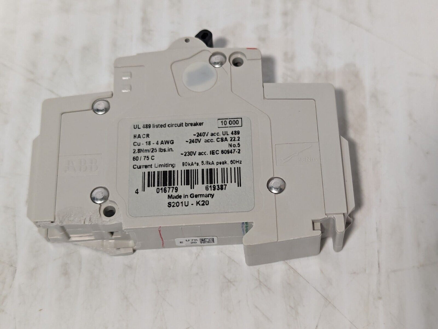 ABB S201U-K20 Circuit Breaker, 20A, 240VAC, 1-Pole - Free Shipping
