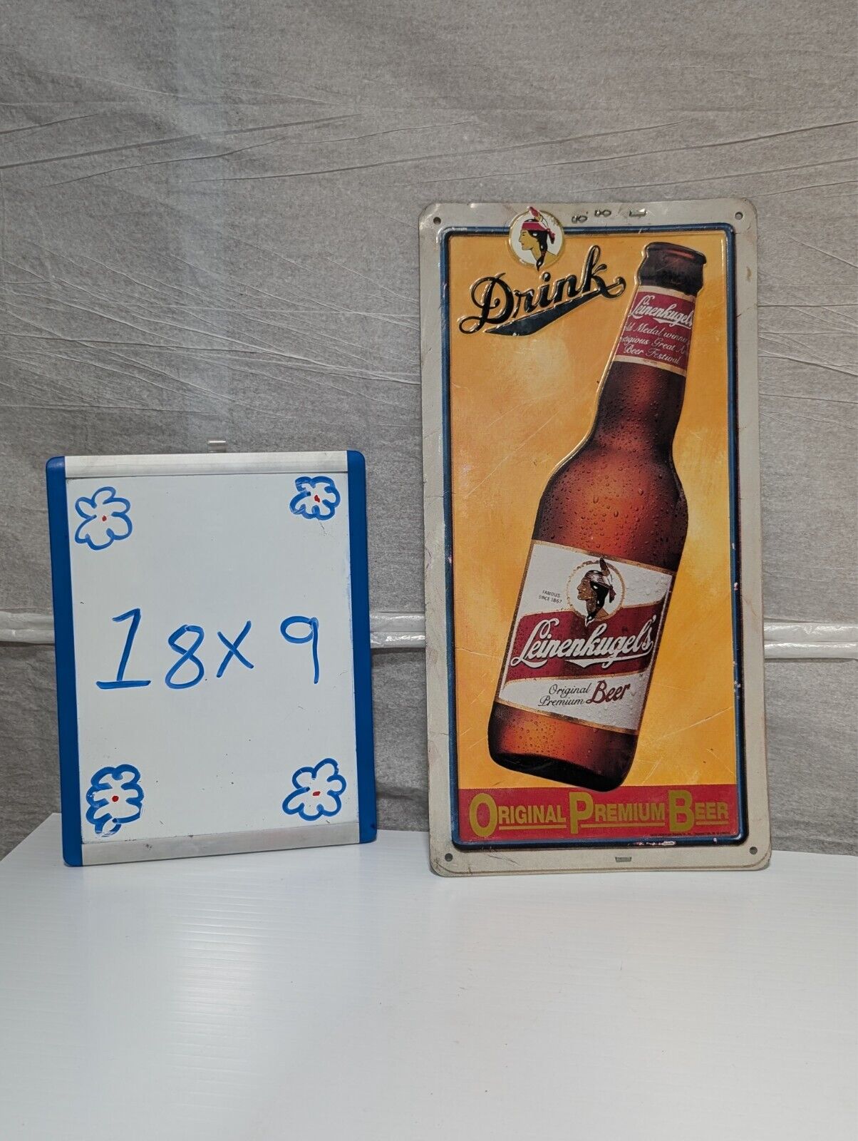 Vintage Leinenkugel Beer Indian Maiden Aluminum Sign 18" x 9" Leinenkugel's