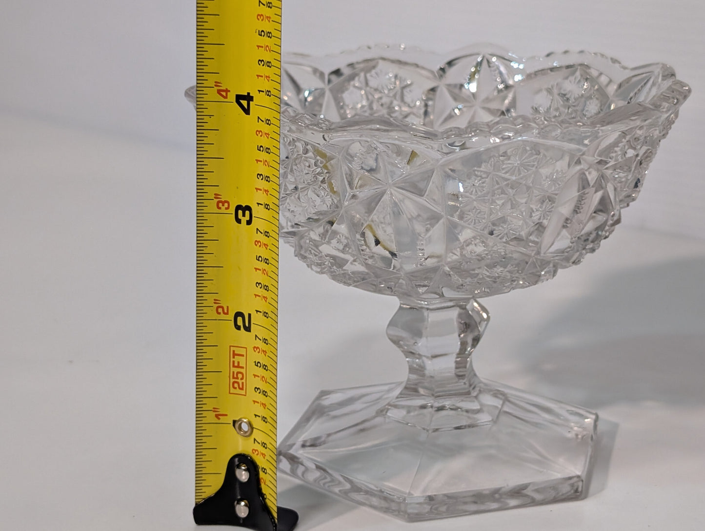 Vintage Clear Glass Crystal Candy Dish Snowflake Pattern Hexagon Pedestal Base