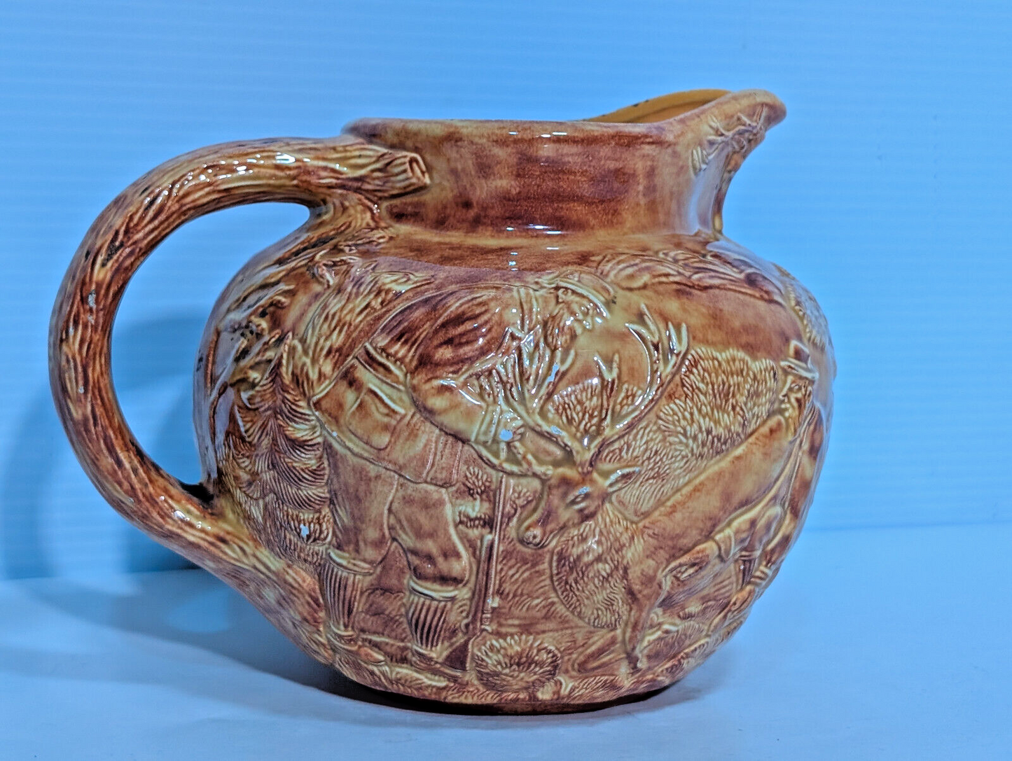 Vintage Brown Glazed Pottery Pitcher Elk, Deer, Buck, Hunters, Forest Wood Scene
