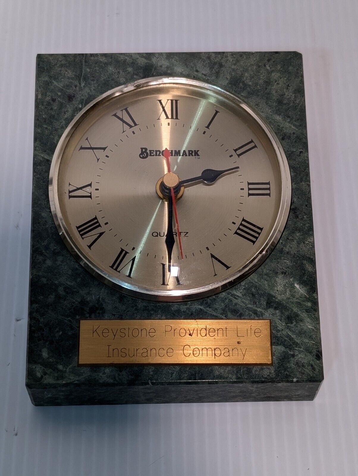 Vintage Benchmark Desk Clock in Green Granite, Keystone Provident- Free Shipping