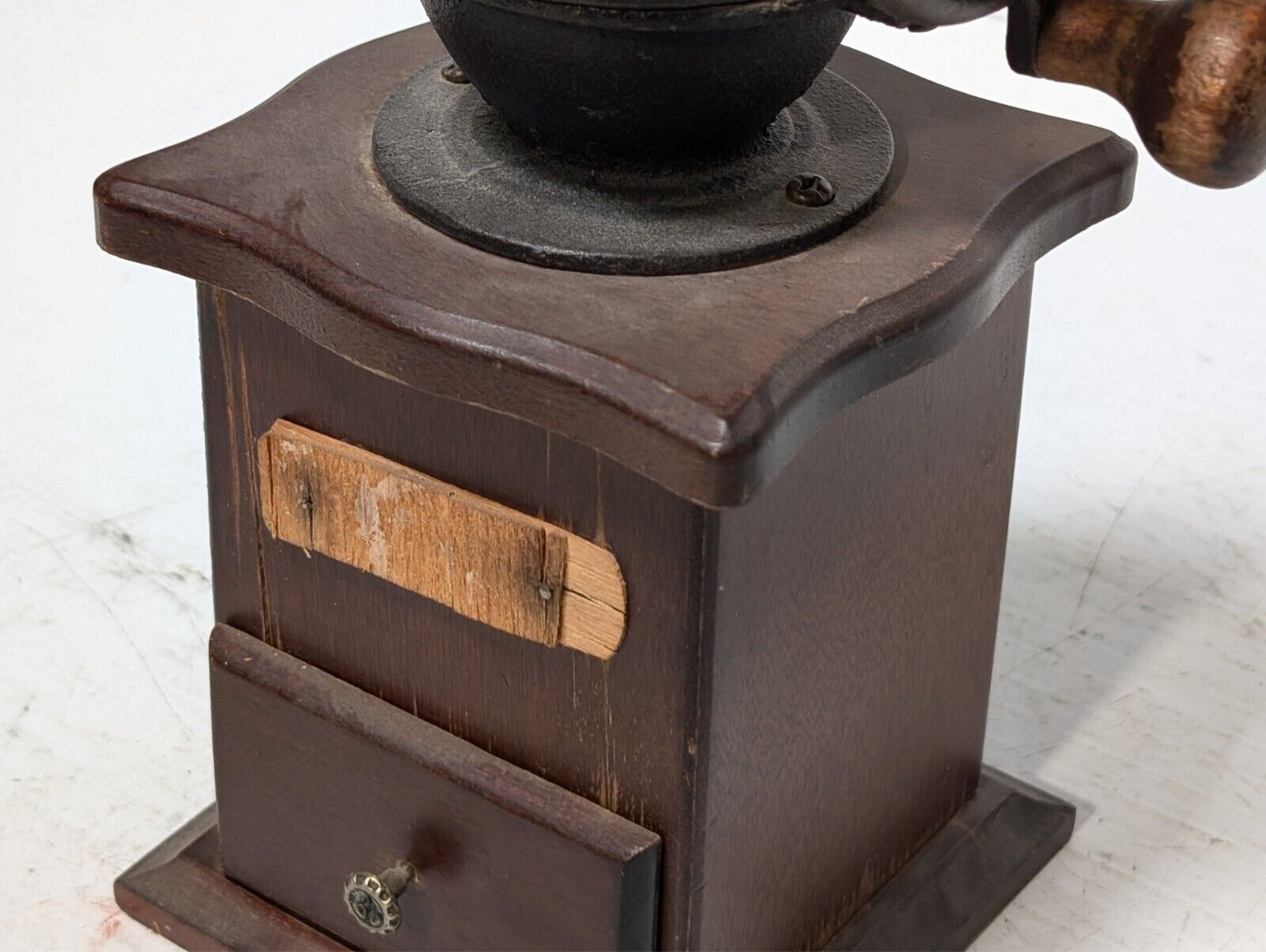 Vintage wood and cast iron manual coffee grinder as pictured with little drawer