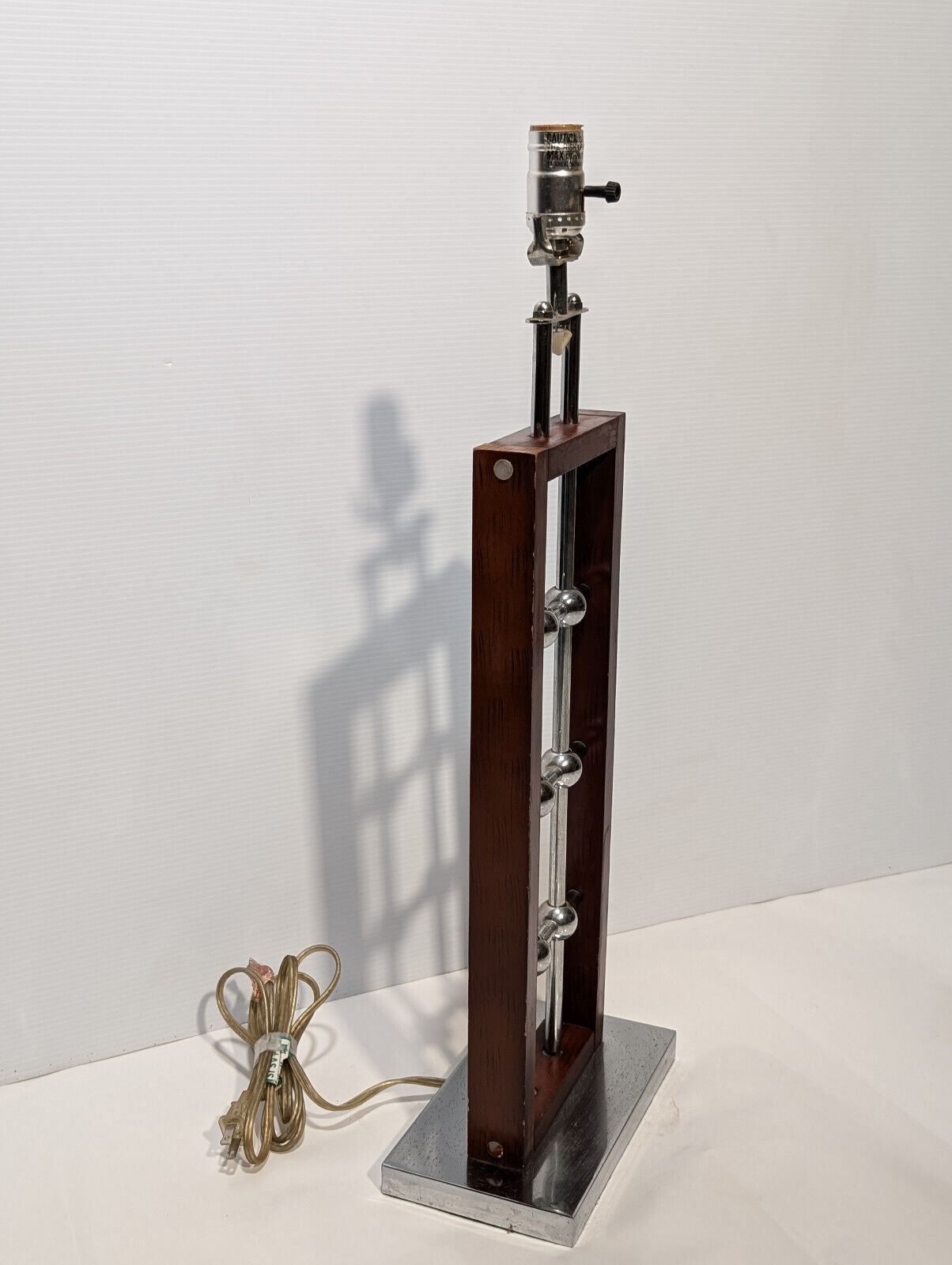1970's/ 80's Vintage, Brutalism, MCM, Rectangular Table Lamp Wood Chrome Spheres