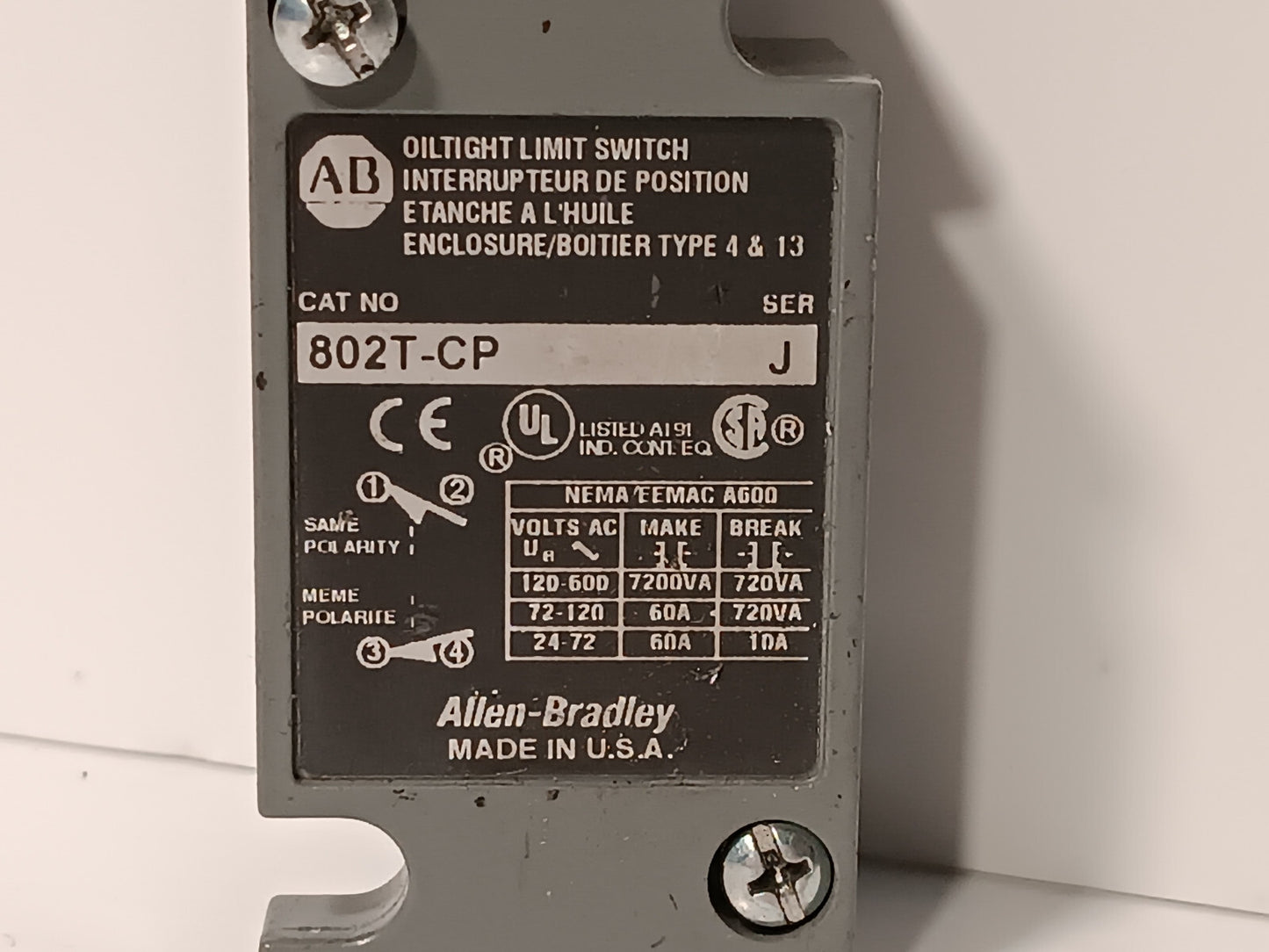Allen Bradley 802T-CP Oil Tight Limit Switch, Made in USA, Series J