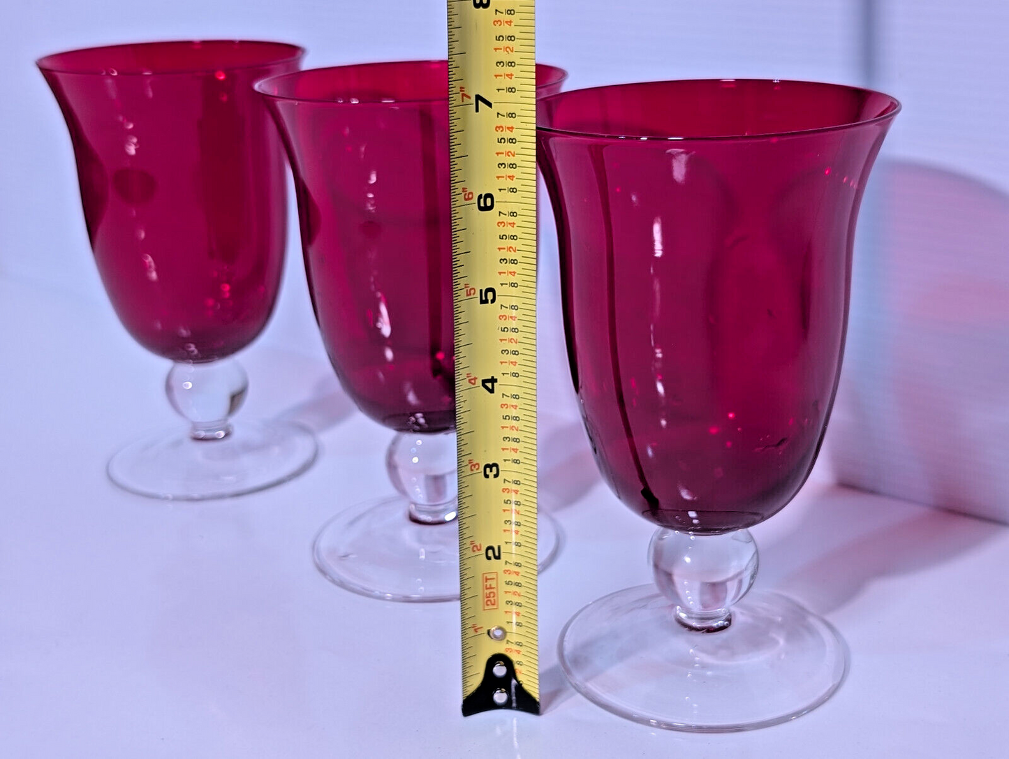 3 Vintage Ruby Red Goblets Fluted Clear Stem Tumblers Holiday Retro Celebration