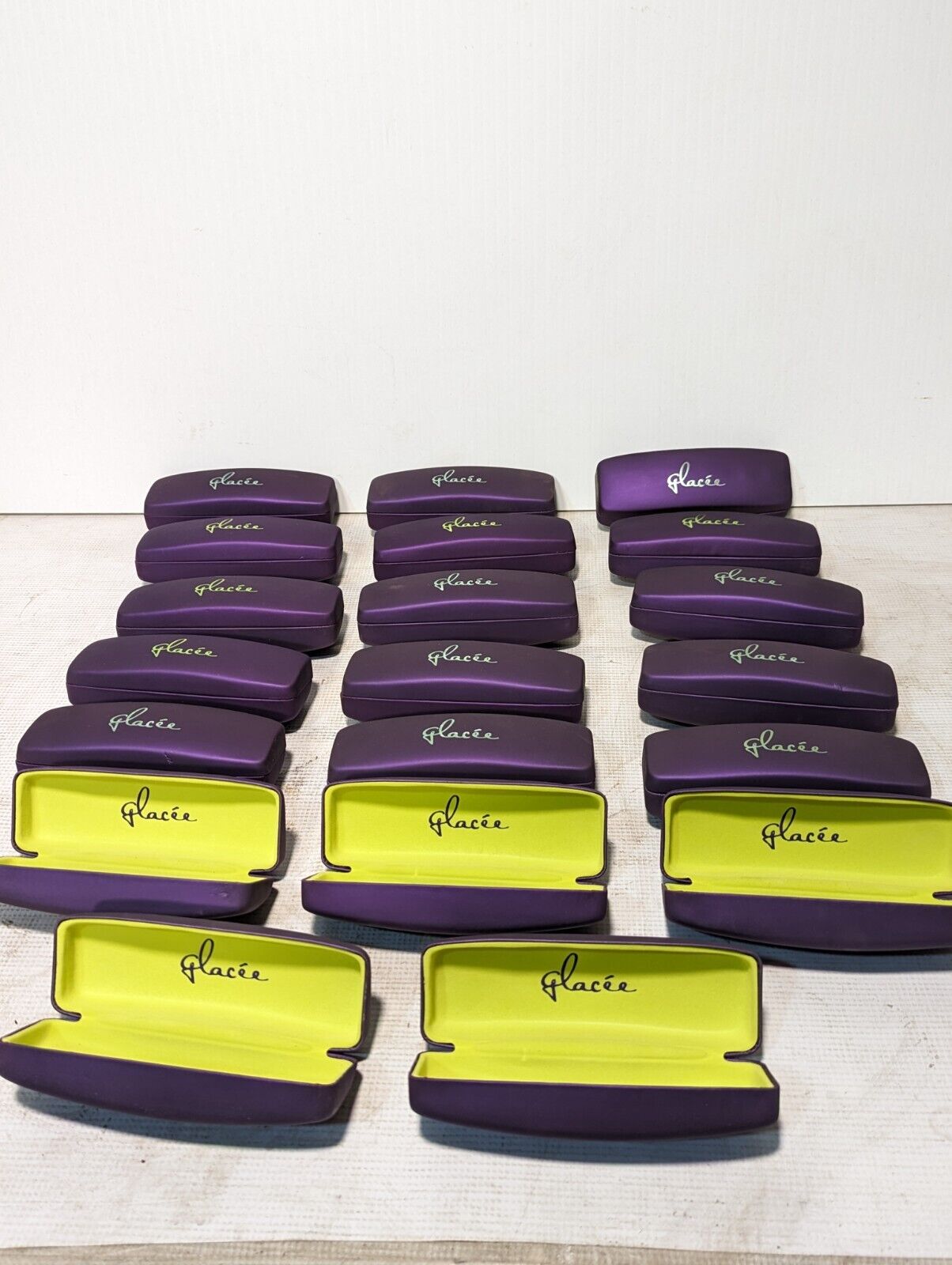 Lot of 10 Stylish Clamshell Glasses Cases - Purple with Bright Lime Green Lining