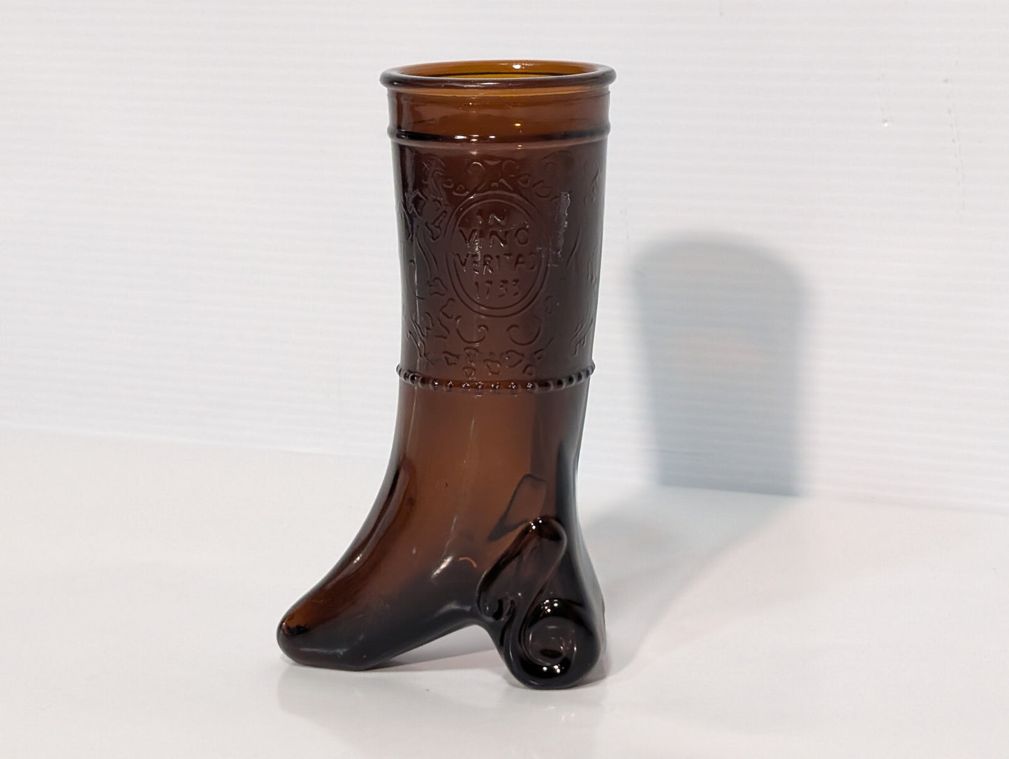 Vintage 1960/70s In Vino Veritas Wine Boot Brown Amber Shot Glass Bud Vase 6"x2"