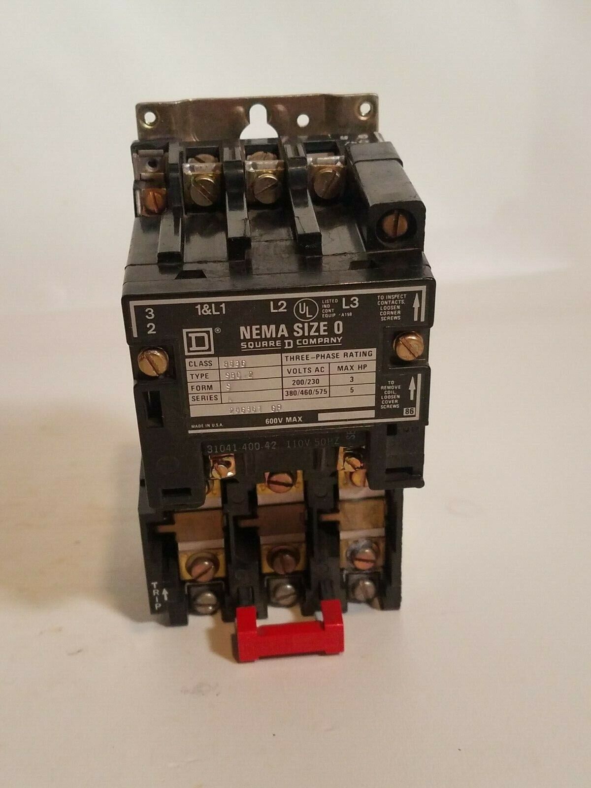 Square D 8536SB02V02S, ser. A, NEMA size 0, motor starter, 110/120VAC coil