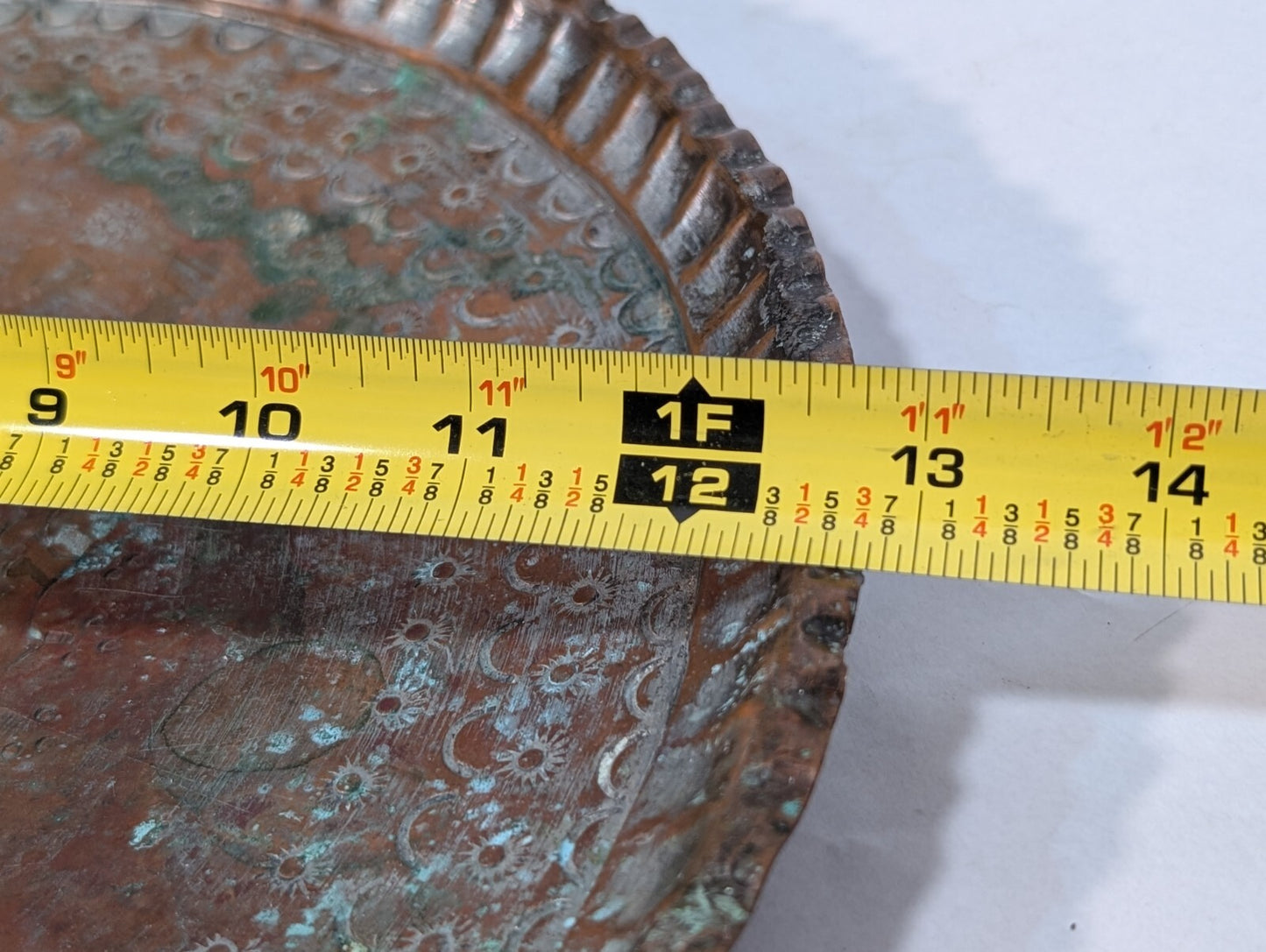 Vintage Hammered + Etched Copper Tray, Possibly Persian or Syrian, 13" Diameter