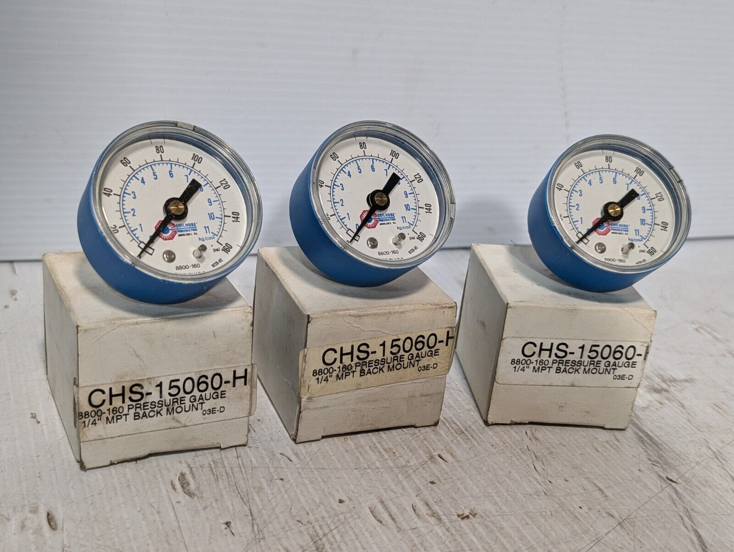 Lot of 3 Coilhose 8800-160 2" Pneumatics Pressure Gauge Back Mount, 160 Psi USA