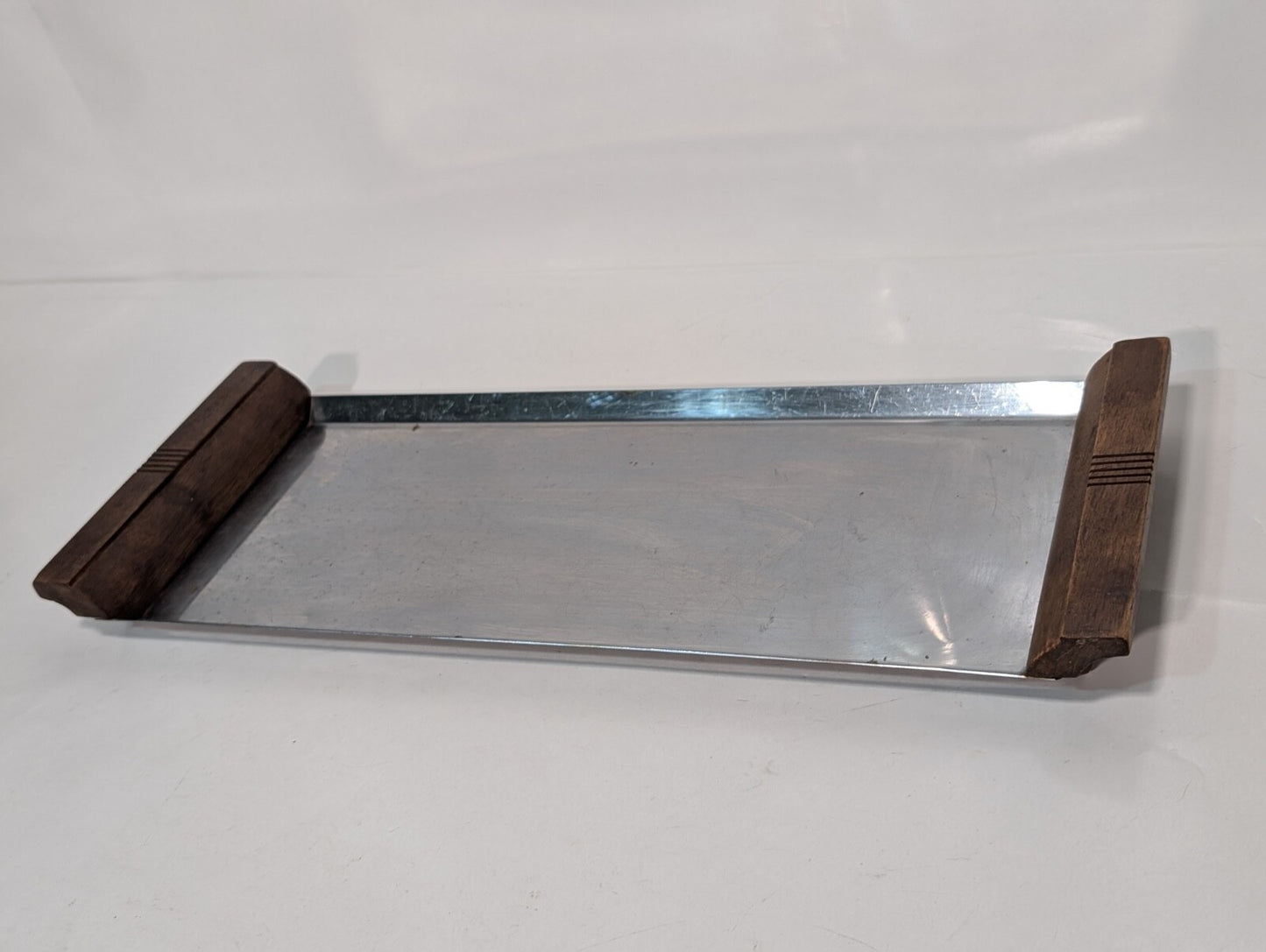 Vintage MCM Stainless Steel Serving Tray with Wooden Handles, 7-3/4" x 19"
