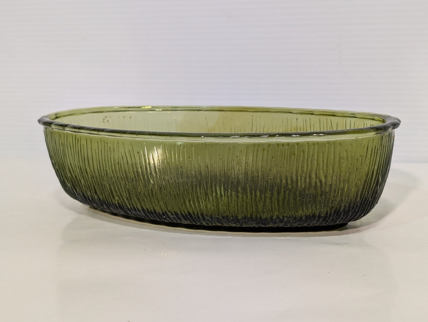 Vintage FTD 1975 Olive Green Oval Glass Dish With Bark Texture 9" Length