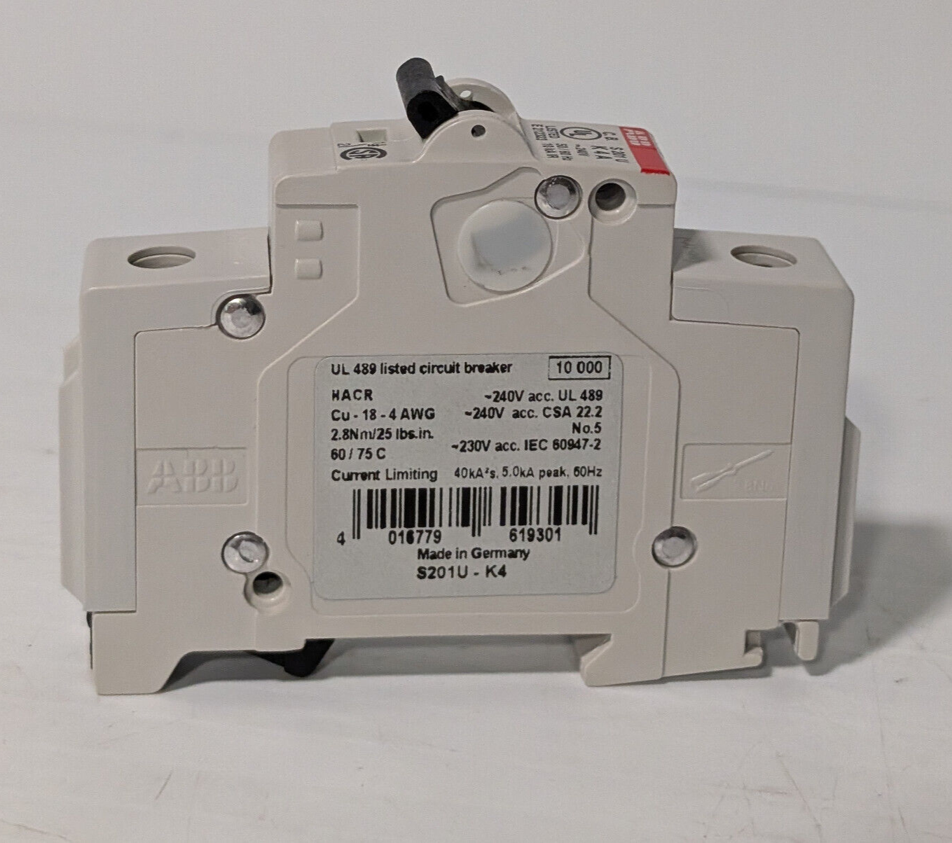 ABB S201U-K4 Circuit Breaker, 4A, 1 Pole, Made in Germany, 50/60 Hz, E212323