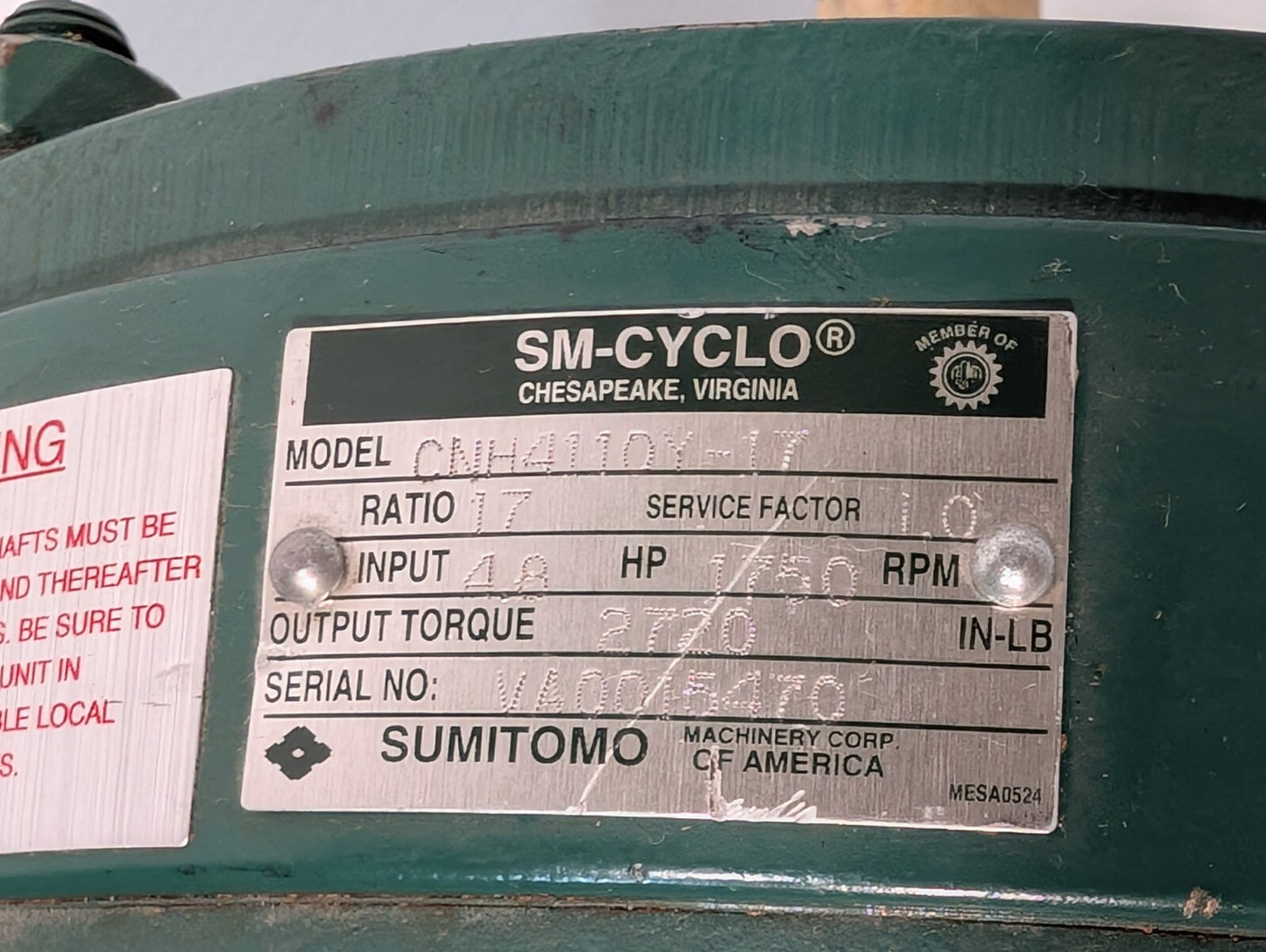Sumimoto CNH4110Y-17 SM-CYCLO Speed Reducer, 1750rpm, SF 1.0, Torque 2720 IN-LB