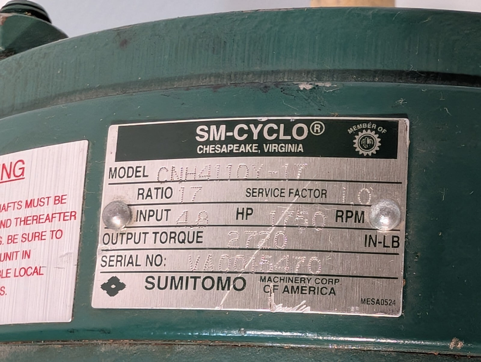 Sumimoto CNH4110Y-17 SM-CYCLO Speed Reducer, 1750rpm, SF 1.0, Torque 2720 IN-LB