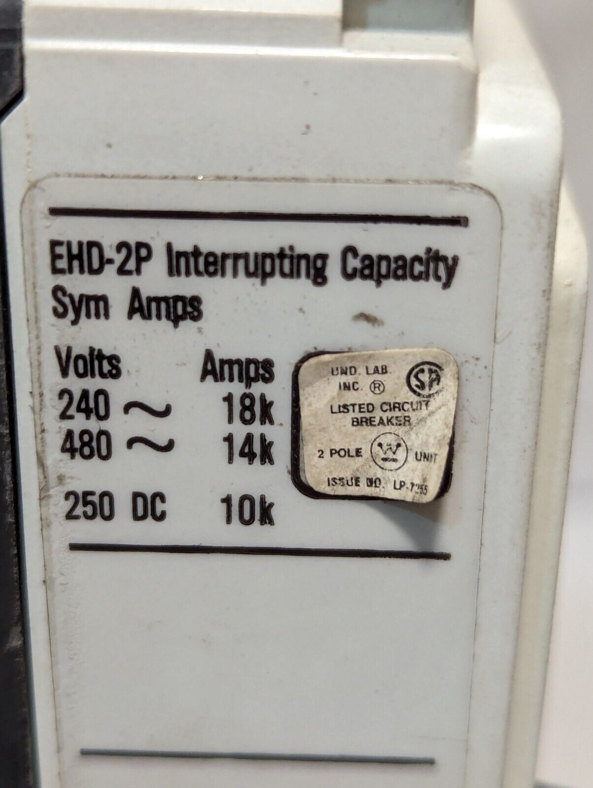 Westinghouse EHD2015 Circuit Breaker, 15A, 480VAC, 125VDC, 2-Pole