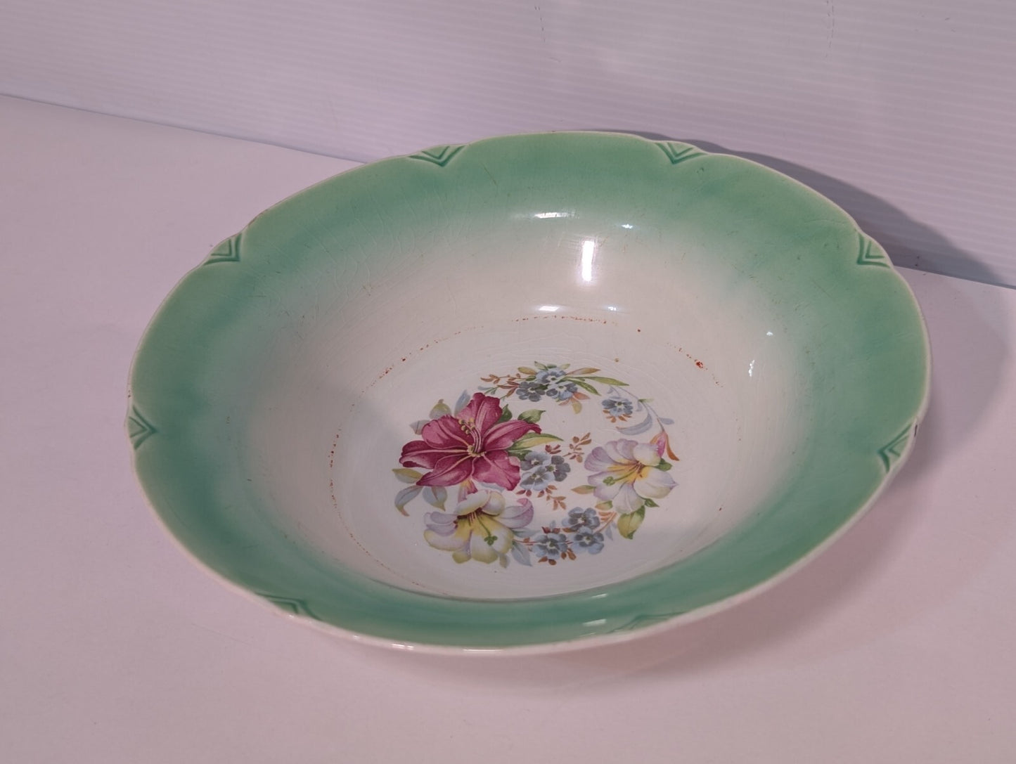 Vintage Porcelain Green + White with Floral Bouquet Serving Bowl 9 1/2" Diameter