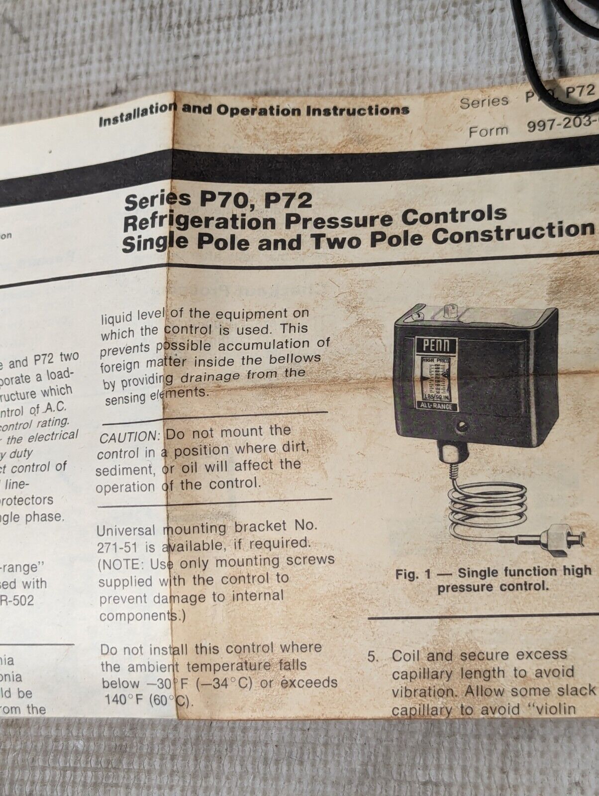 Penn (Johnson Controls) P72AA-27 Refrigeration Pressure Control - Free Shipping