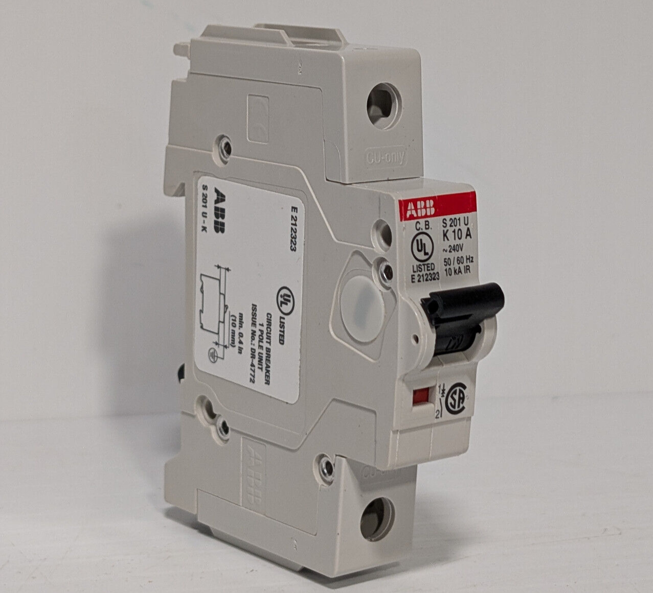 ABB S20-1U-K10, 1 Pole Circuit Breaker, 10 A, 162K853HG1, E212323, UL489 Listed