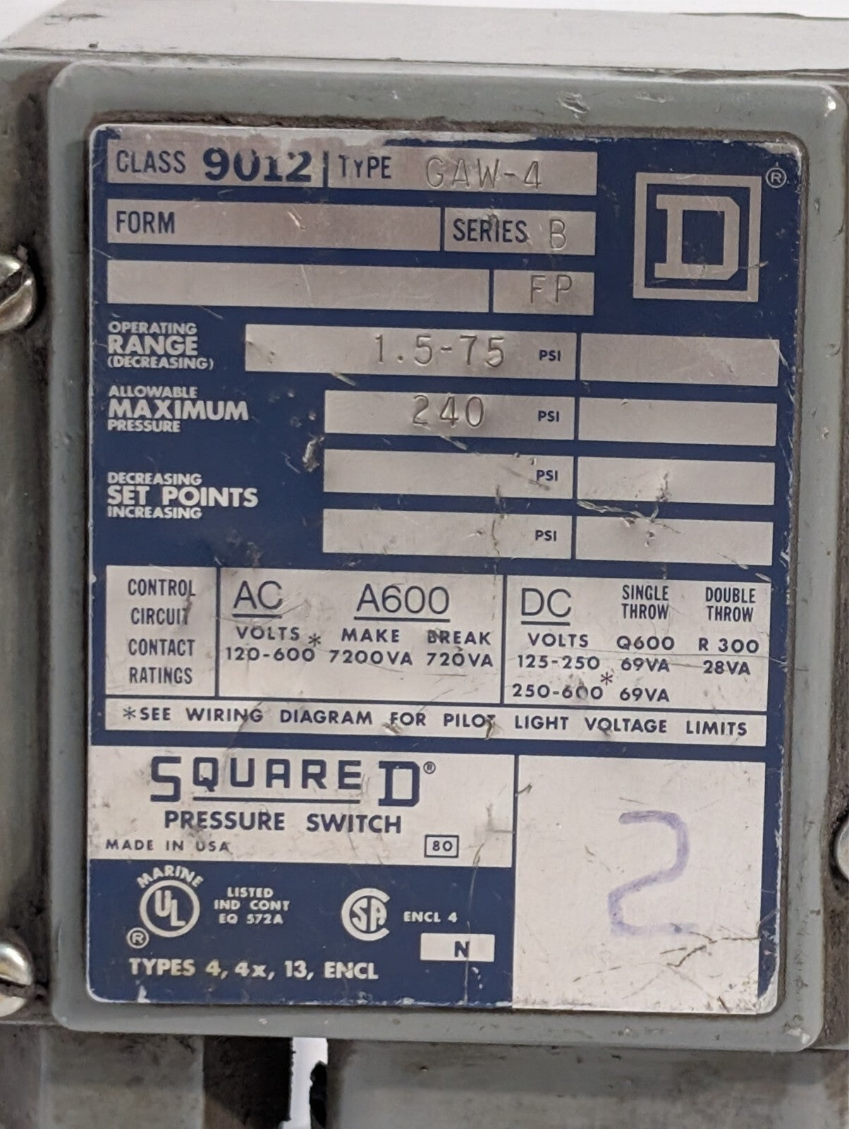 Square D 9012 GAW-4 Series C 9830 Pressure Switch 1.5-75 PSIG