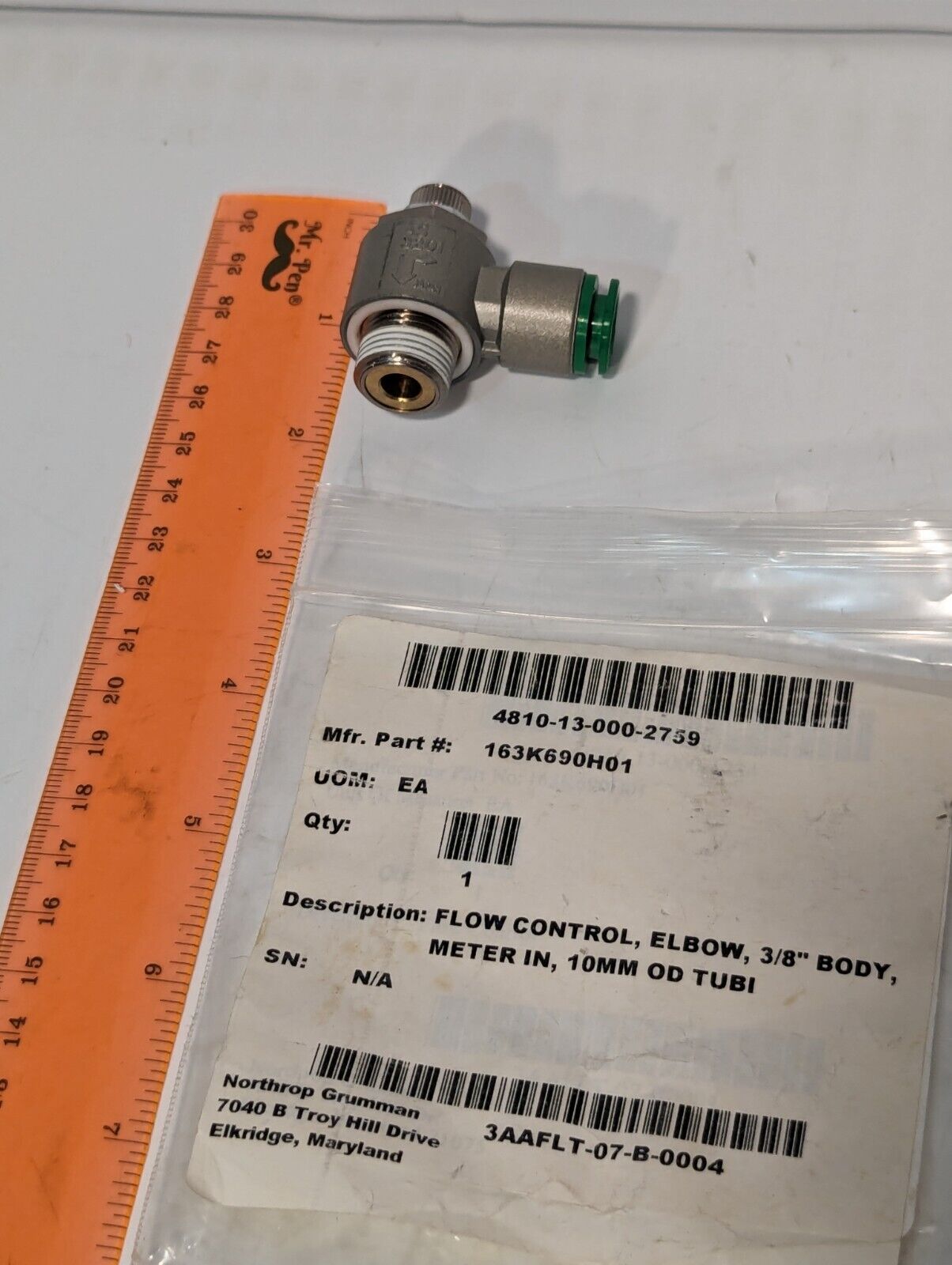 163K690H01 Green Air Flow Control Elbow, 3/8" body, 10MM OD Tubi - Free Shipping