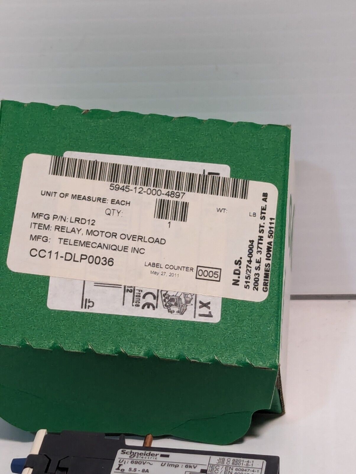Schneider LRD12 Thermal Overload Relay 600V 5.5-8A 3-Pole - Free Shipping
