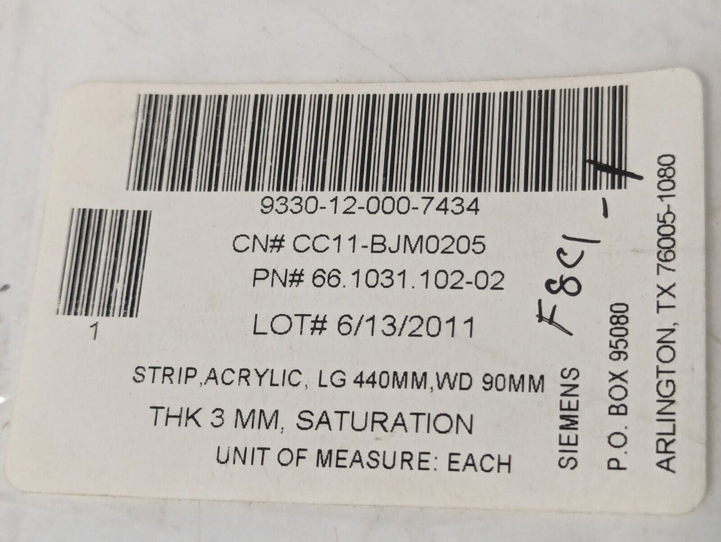 Siemens 9330-12-000-7434 Acrylic Strip, 17.3" L x 3.5" W, 0.12" Thick-Free Ship