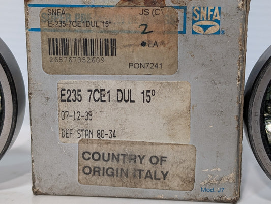 SNFA E235-7CE1DUL 15 Deg Super Precision Angular Contact Bearing E235 7CE1 DUL