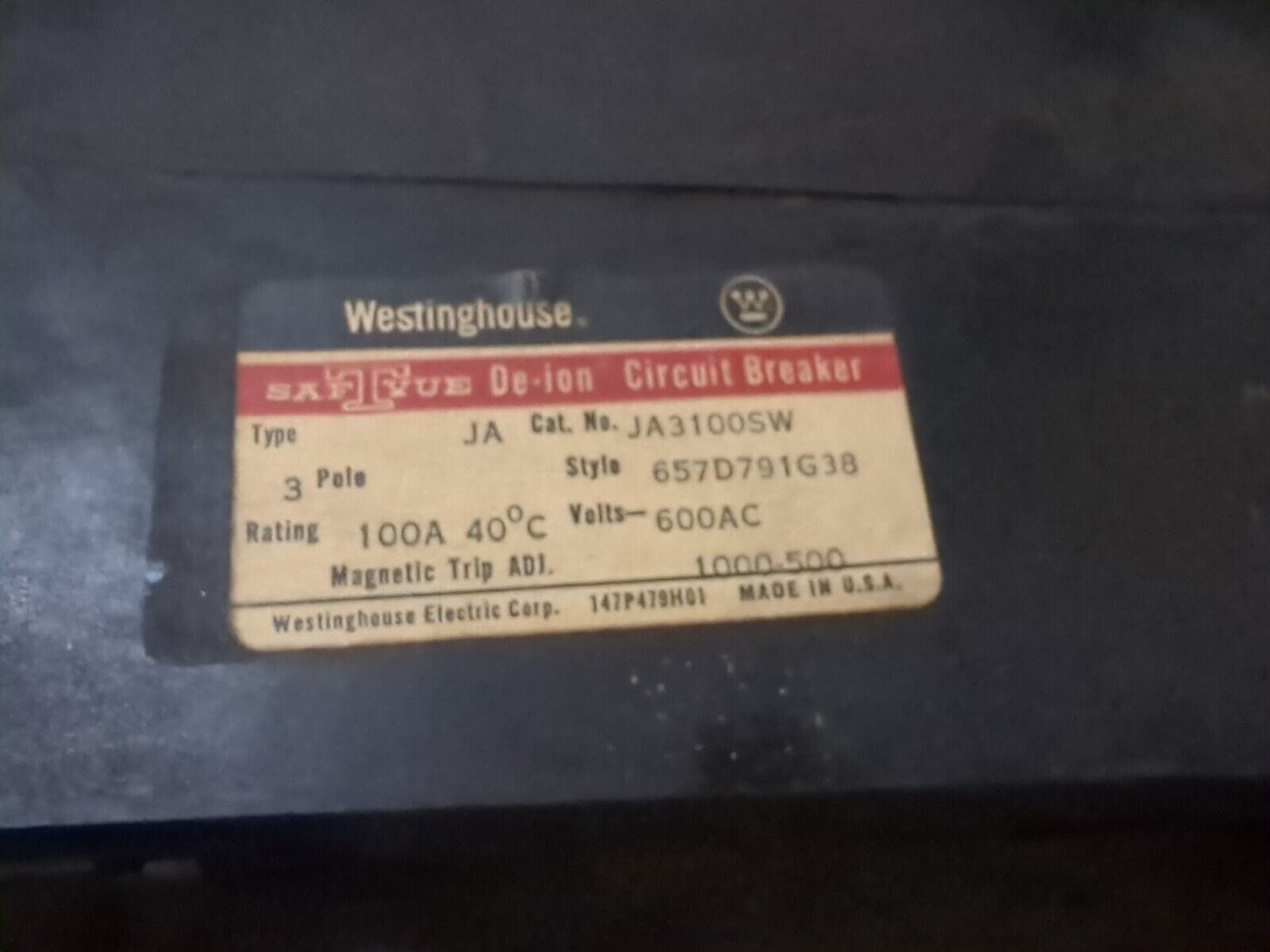Westinghouse JA3100SW Molded Case Circuit Breaker, 100A, 600VAC, Adjustable Trip