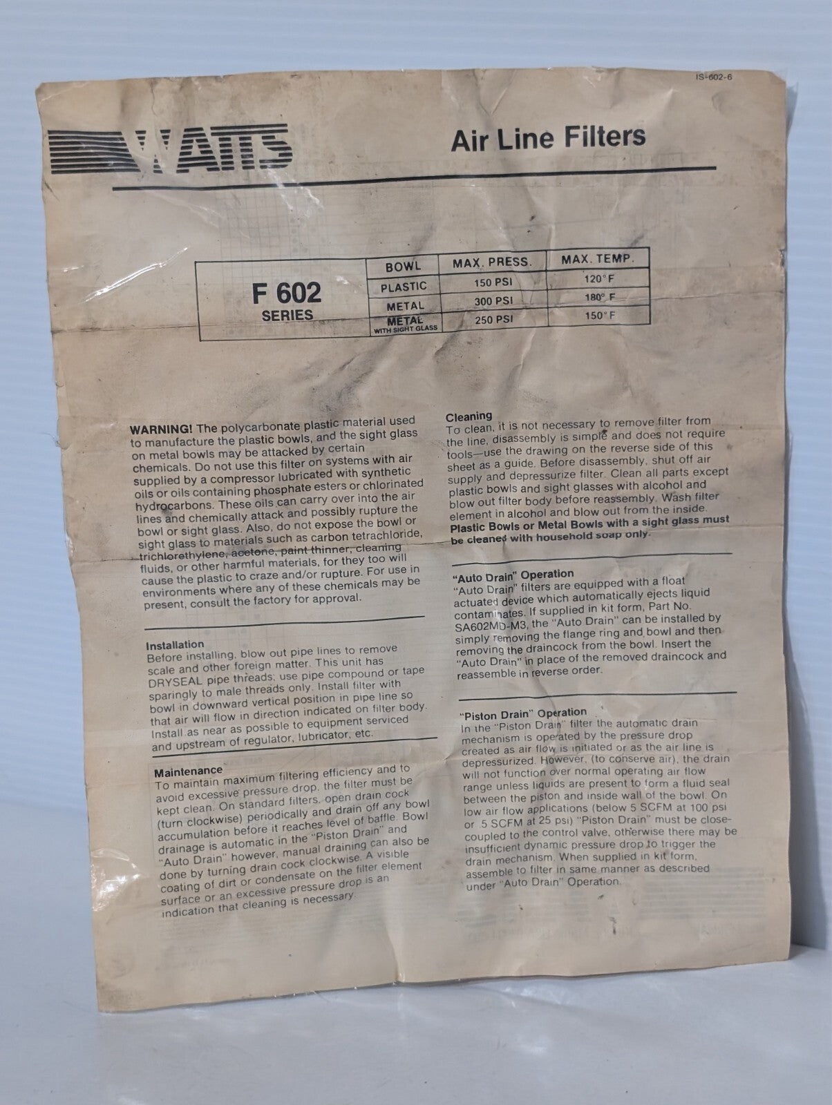 Watts Fluidair F602-034WJ M5 Pneumatic Filter, 250psi, 150º F Max Temp, 1/2"