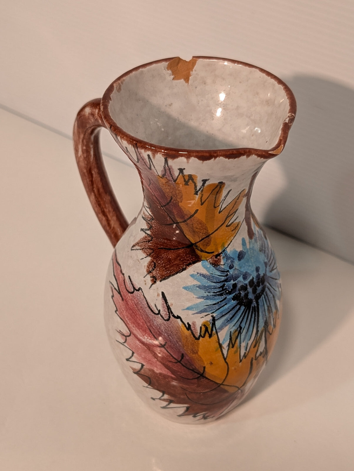 Vintage Mid Century 50s Florentine Original Handpainted Leaves Art Pitcher Vase