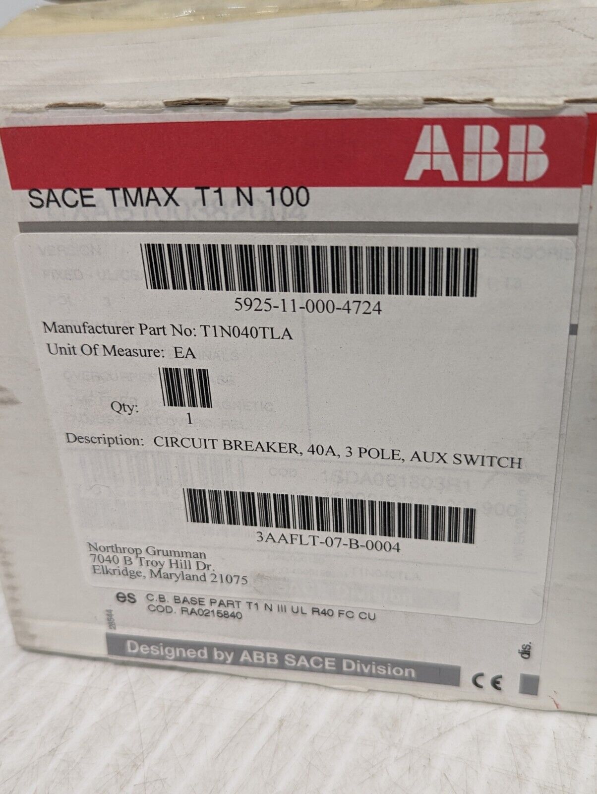ABB T1N040TL SACE Tmax Circuit Breaker, 40A, 3Pole, 480 VAC - Free Shipping