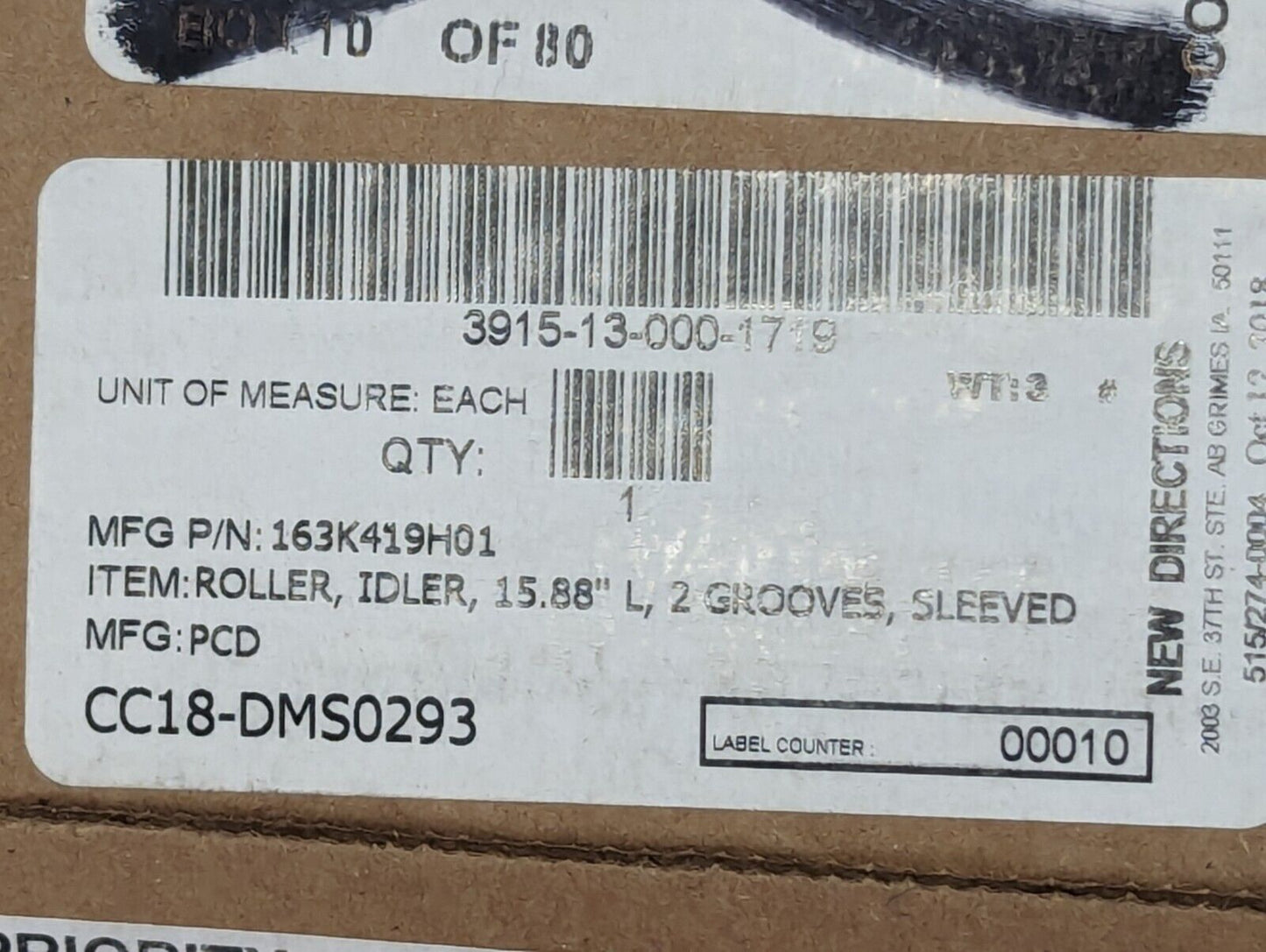3915-13-000-1719 163K419H01 2-Groove Sleeved Idler Roller, 15.88"-Free Shipping