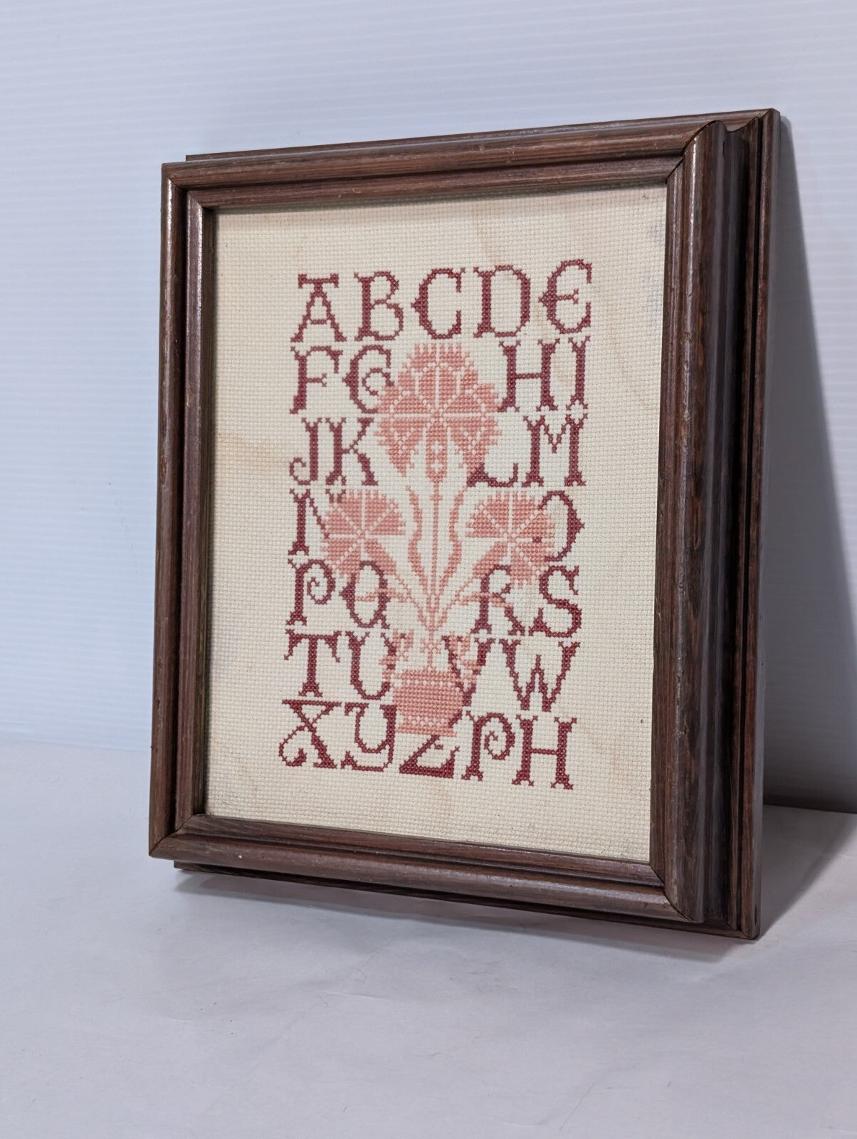 Vintage Framed Needlepoint Cross-Stitched Alphabet Quaker Sampler